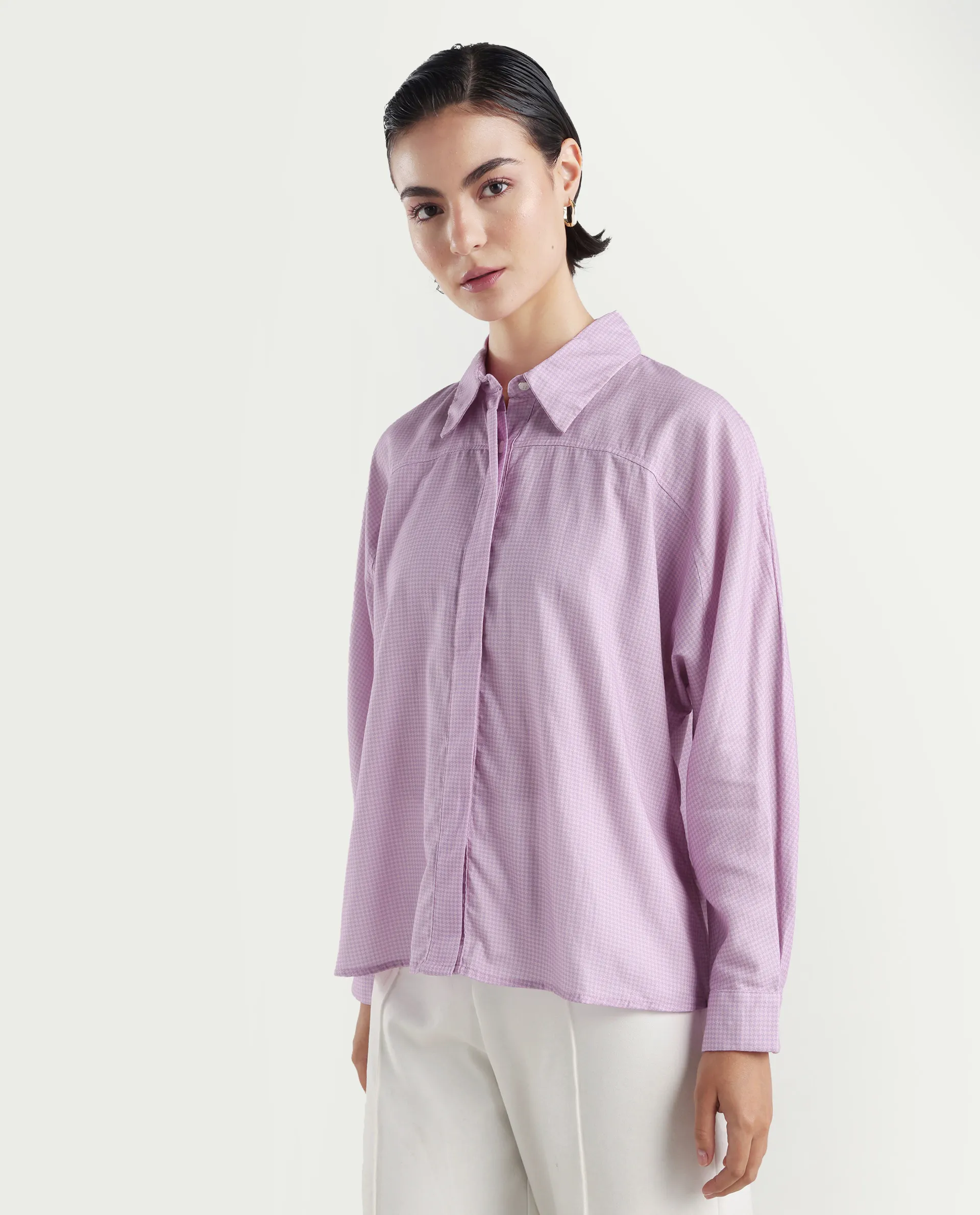 Rareism Women's Repen Light Purple Cotton Blend Drop Collar Geometric Print Boxy Fit Shirt - Image 5