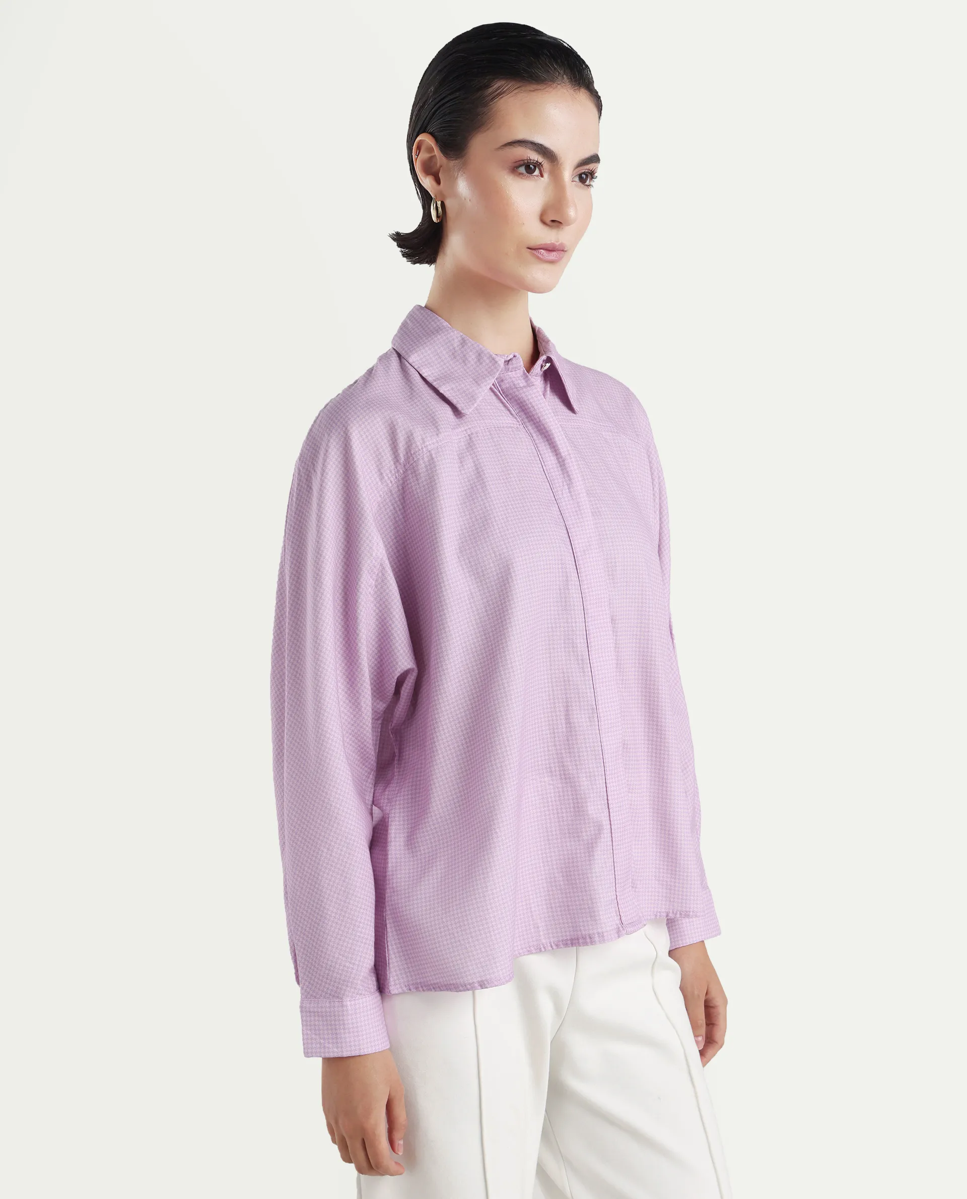 Rareism Women's Repen Light Purple Cotton Blend Drop Collar Geometric Print Boxy Fit Shirt - Image 6