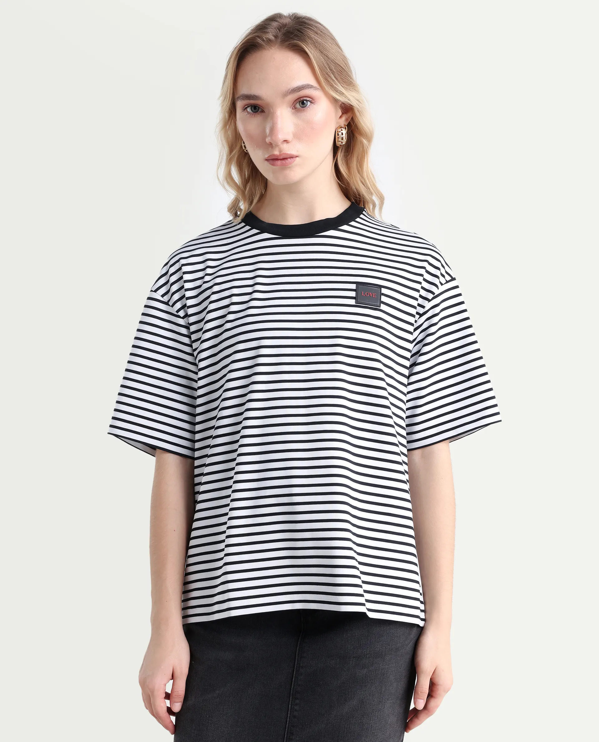 Rareism Women's Reph White Cotton Blend Crew Neck Striped Relaxed Fit T-Shirt - Image 3