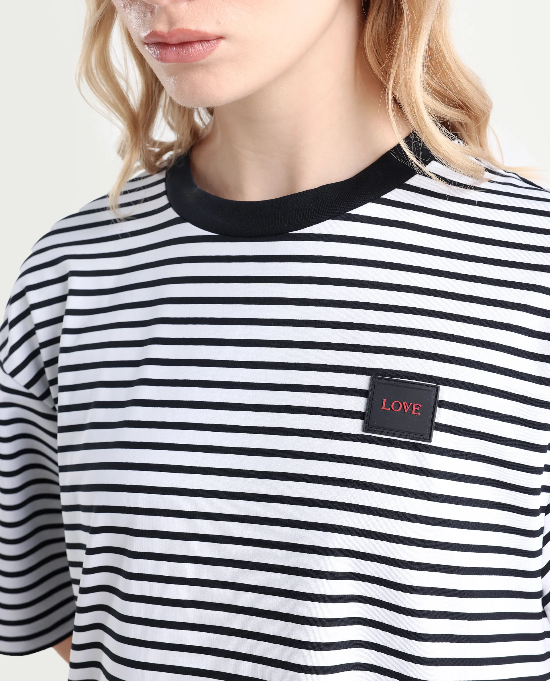 Rareism Women's Reph White Cotton Blend Crew Neck Striped Relaxed Fit T-Shirt - Image 4