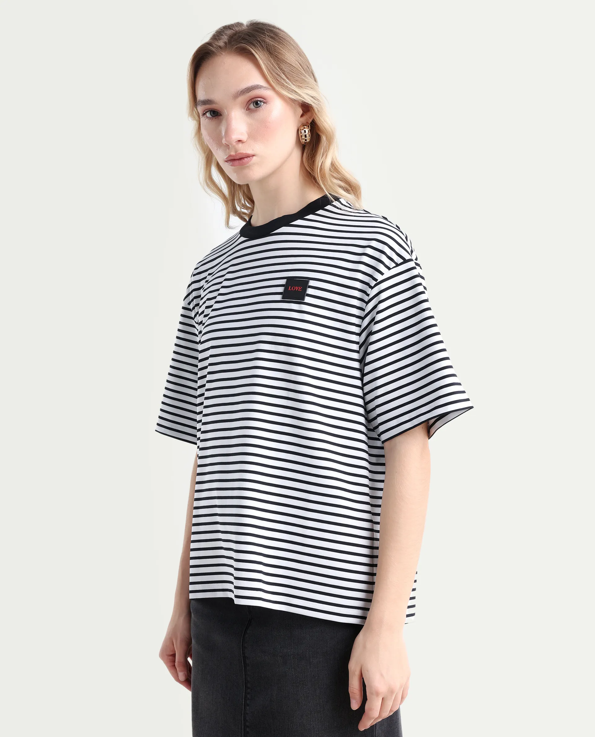 Rareism Women's Reph White Cotton Blend Crew Neck Striped Relaxed Fit T-Shirt - Image 5