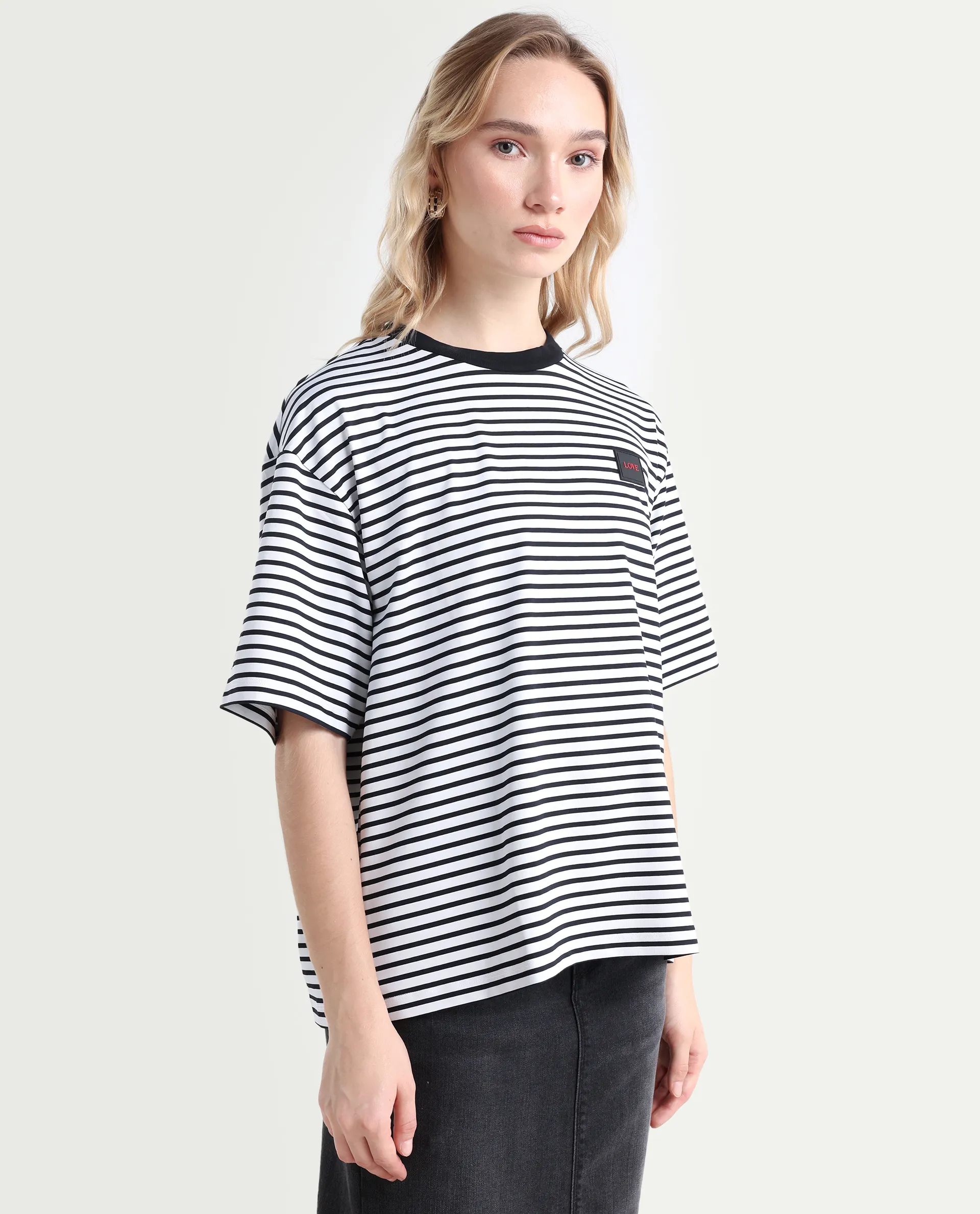 Rareism Women's Reph White Cotton Blend Crew Neck Striped Relaxed Fit T-Shirt - Image 6
