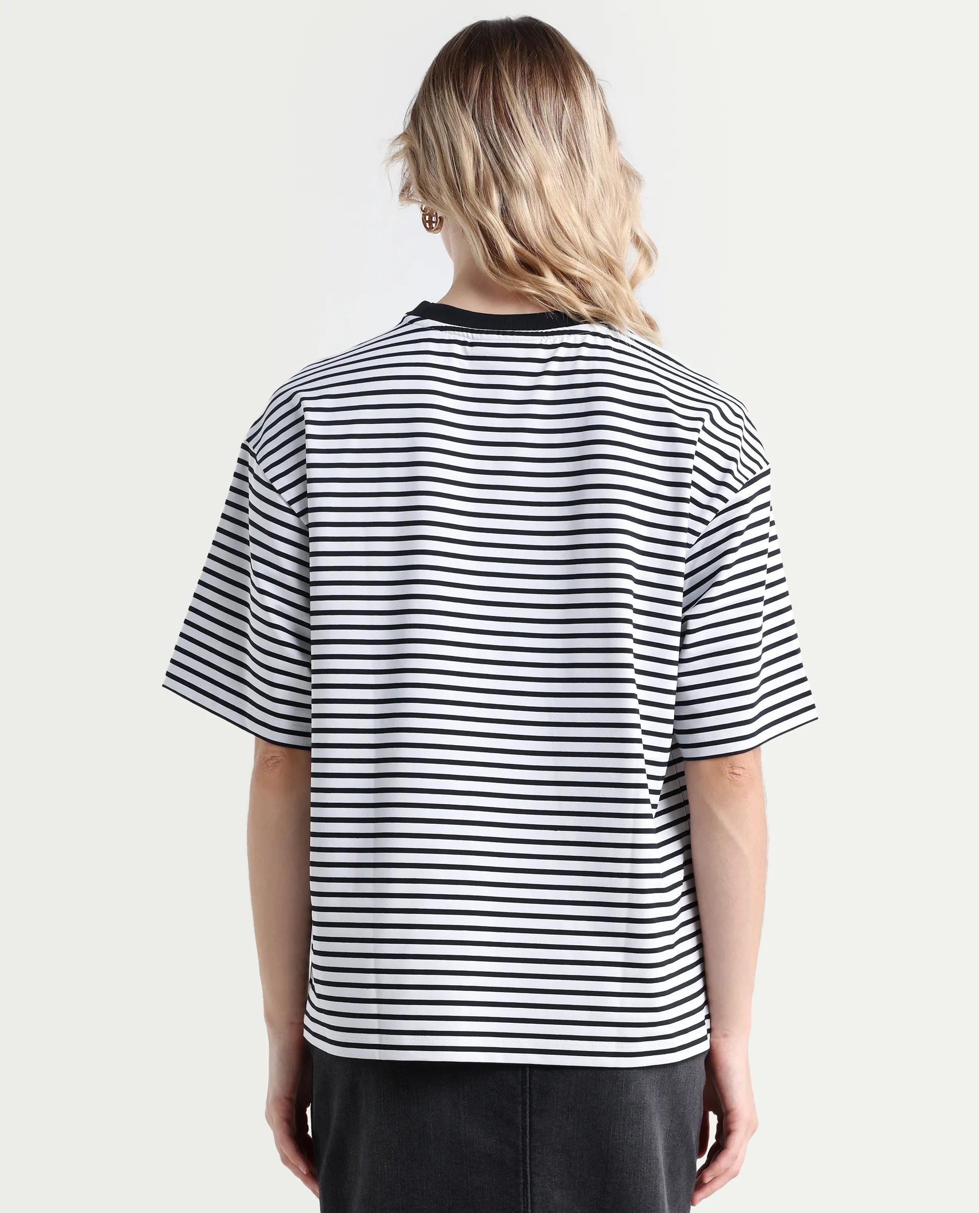 Rareism Women's Reph White Cotton Blend Crew Neck Striped Relaxed Fit T-Shirt - Image 7