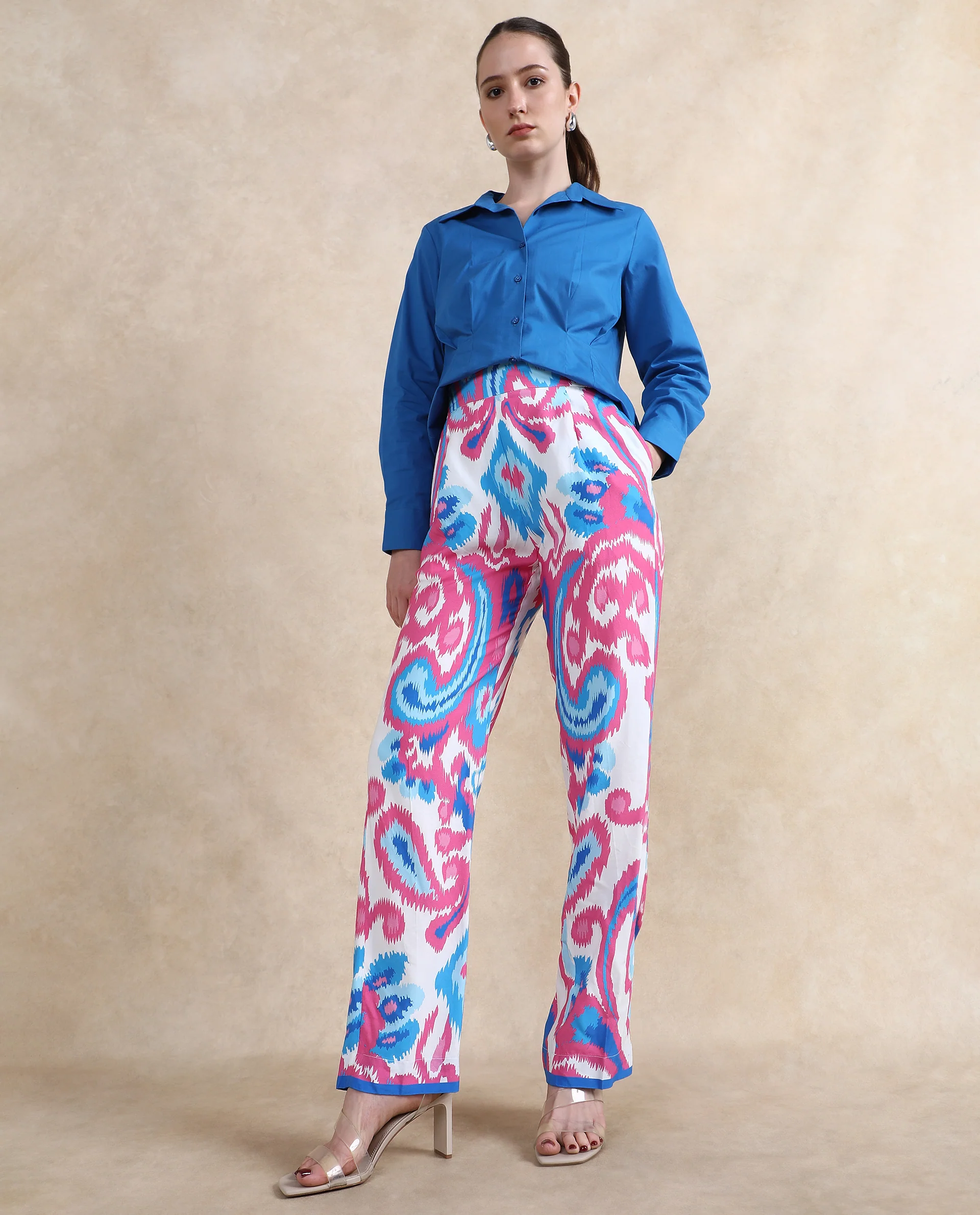 Rareism Women's Repio-B Pastel Multi Viscose Abstract Print Ankle Length Straight Fit Trouser