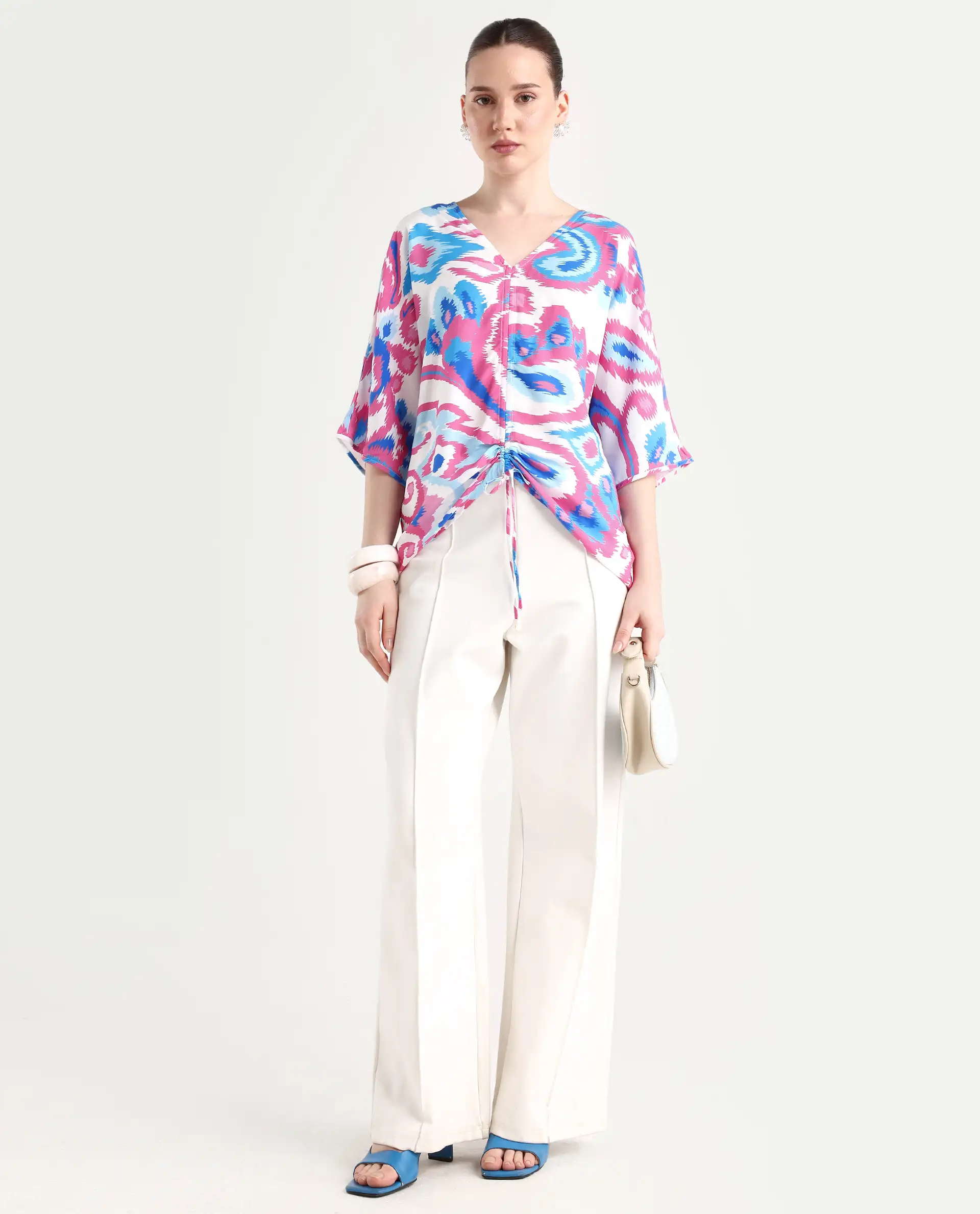 Rareism Women's Repio-T Pastel Viscose V-Neck Abstract Print Extended Sleeves Relaxed Fit Top - Image 2