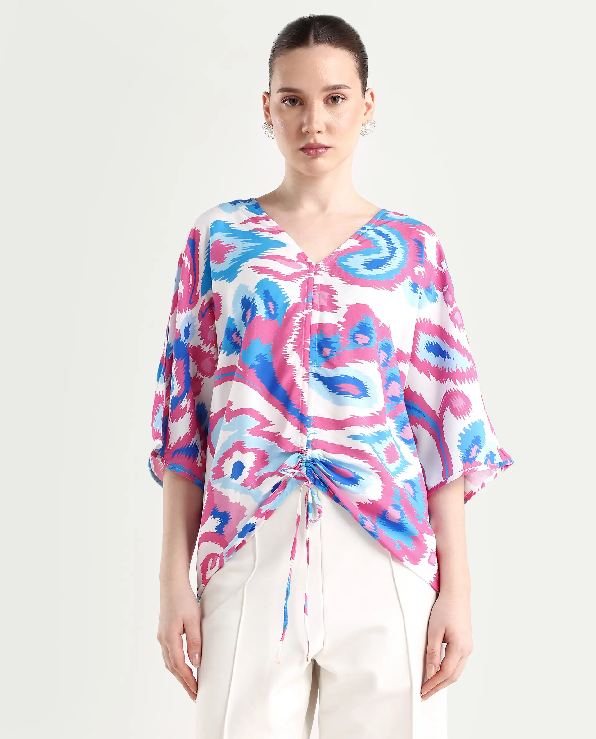 Rareism Women's Repio-T Pastel Viscose V-Neck Abstract Print Extended Sleeves Relaxed Fit Top - Image 3