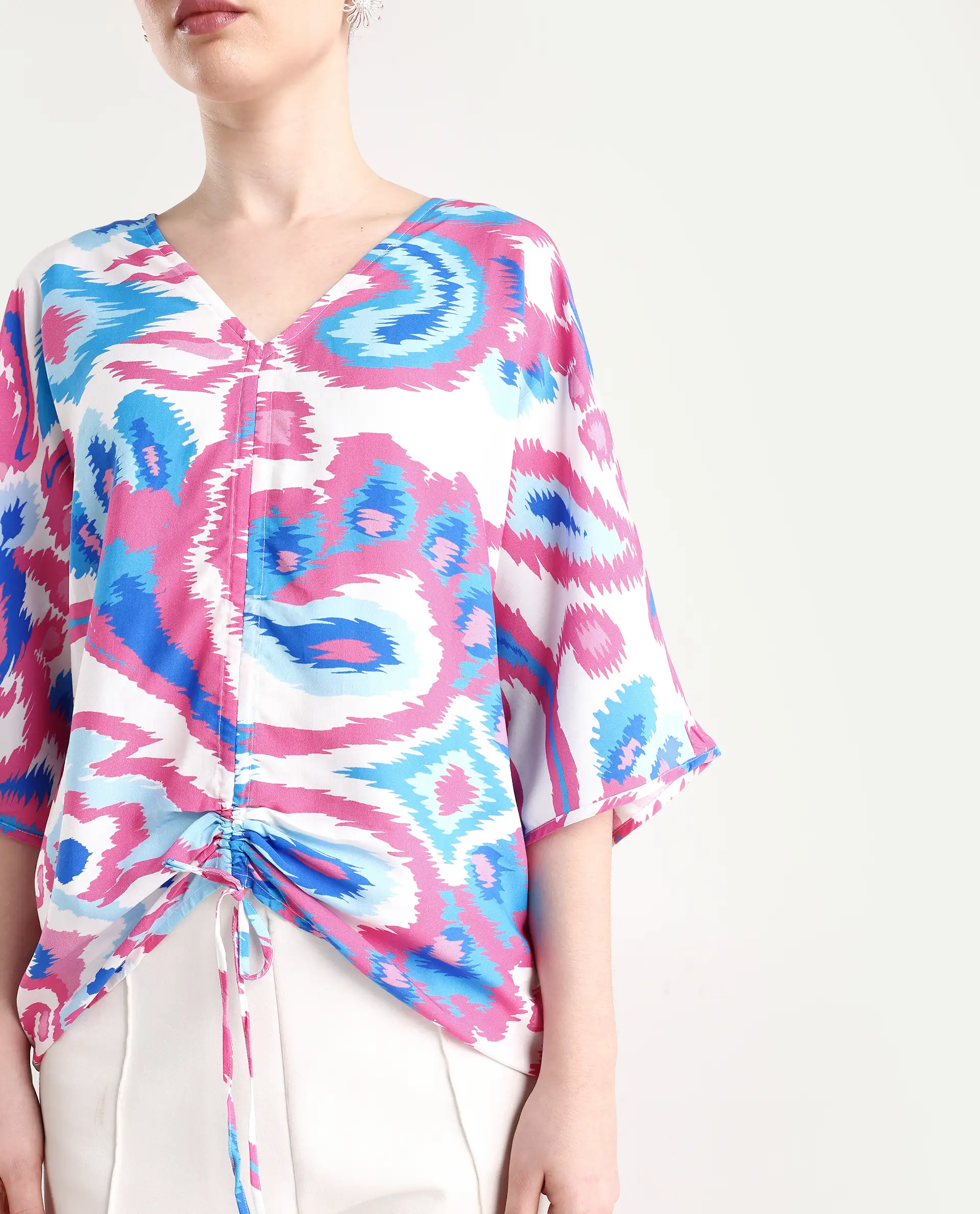 Rareism Women's Repio-T Pastel Viscose V-Neck Abstract Print Extended Sleeves Relaxed Fit Top - Image 4