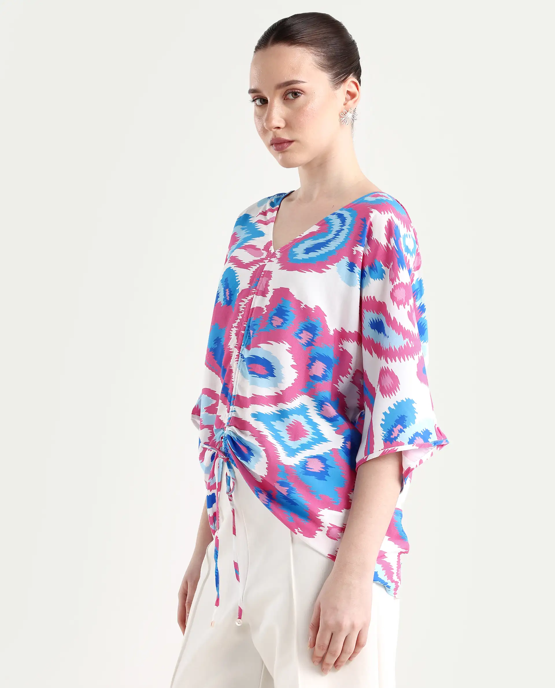 Rareism Women's Repio-T Pastel Viscose V-Neck Abstract Print Extended Sleeves Relaxed Fit Top - Image 5