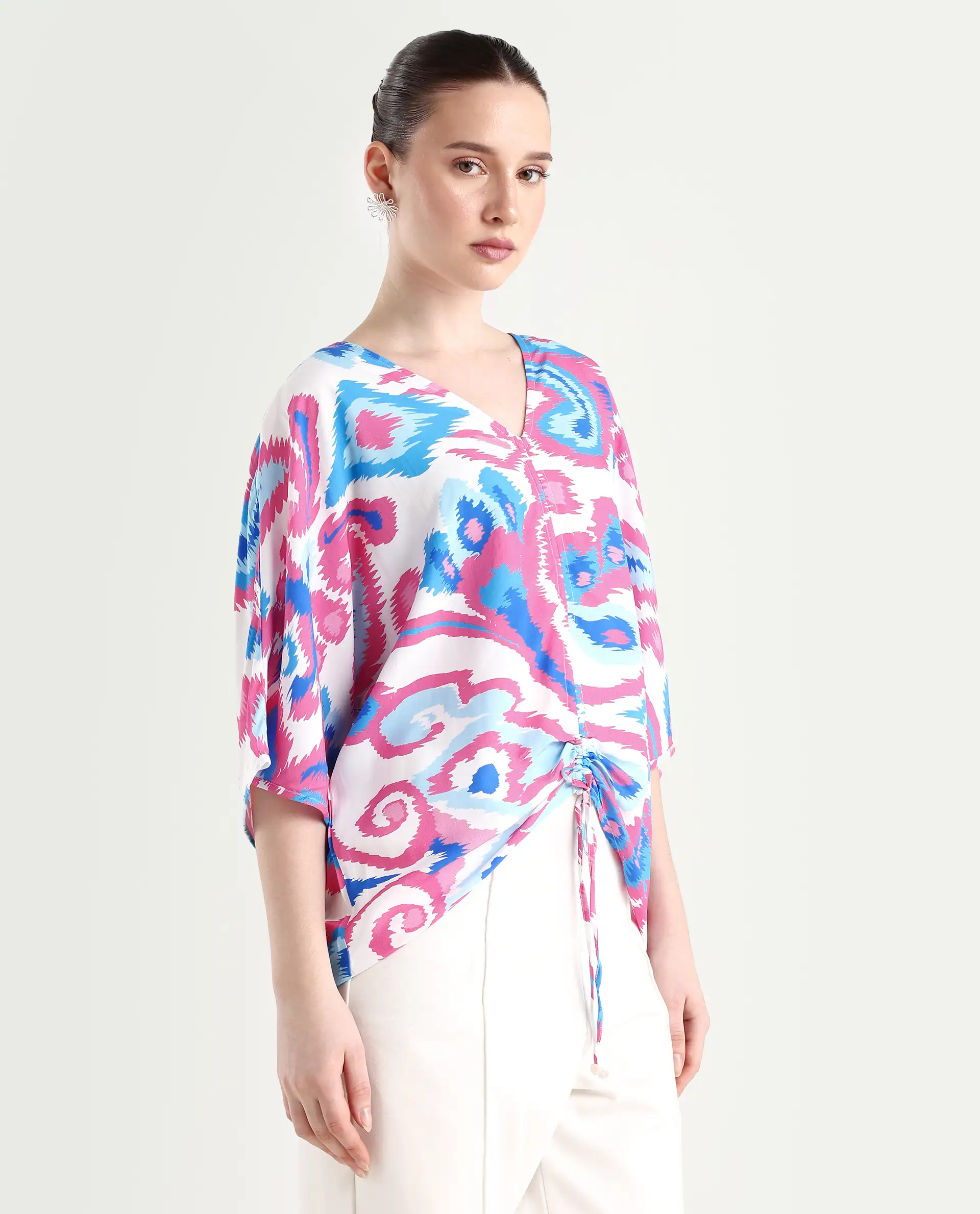 Rareism Women's Repio-T Pastel Viscose V-Neck Abstract Print Extended Sleeves Relaxed Fit Top - Image 6