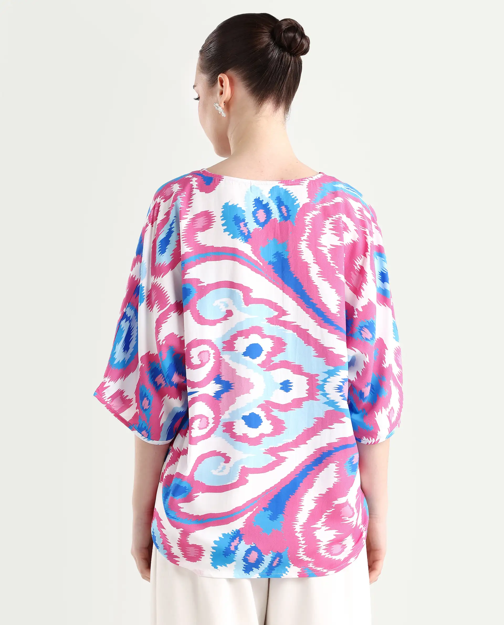 Rareism Women's Repio-T Pastel Viscose V-Neck Abstract Print Extended Sleeves Relaxed Fit Top - Image 7