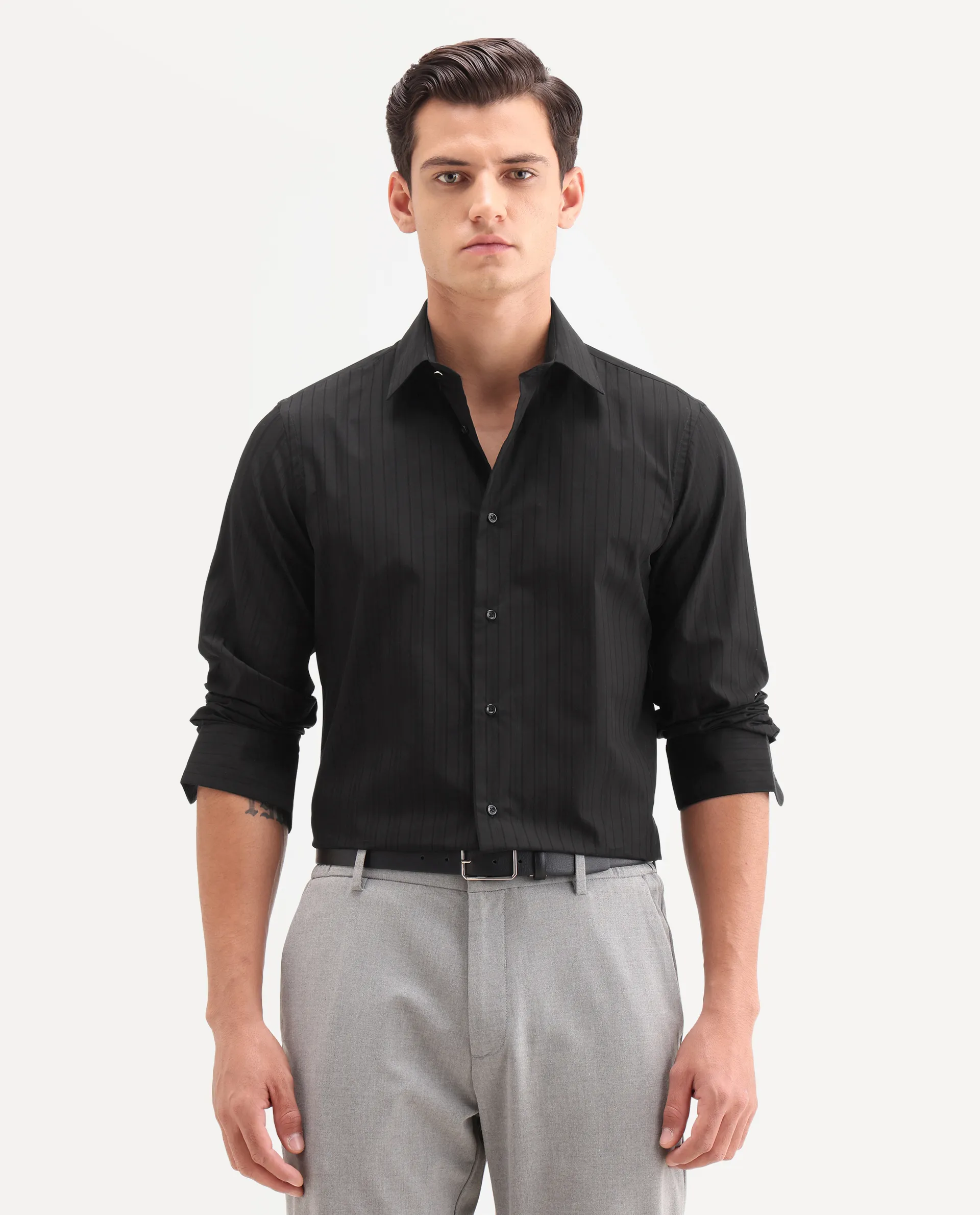 Rare Rabbit Men's Repo-26 Black Cotton Full Sleeve Spread Collar Regular Fit Striped Shirt - Image 4