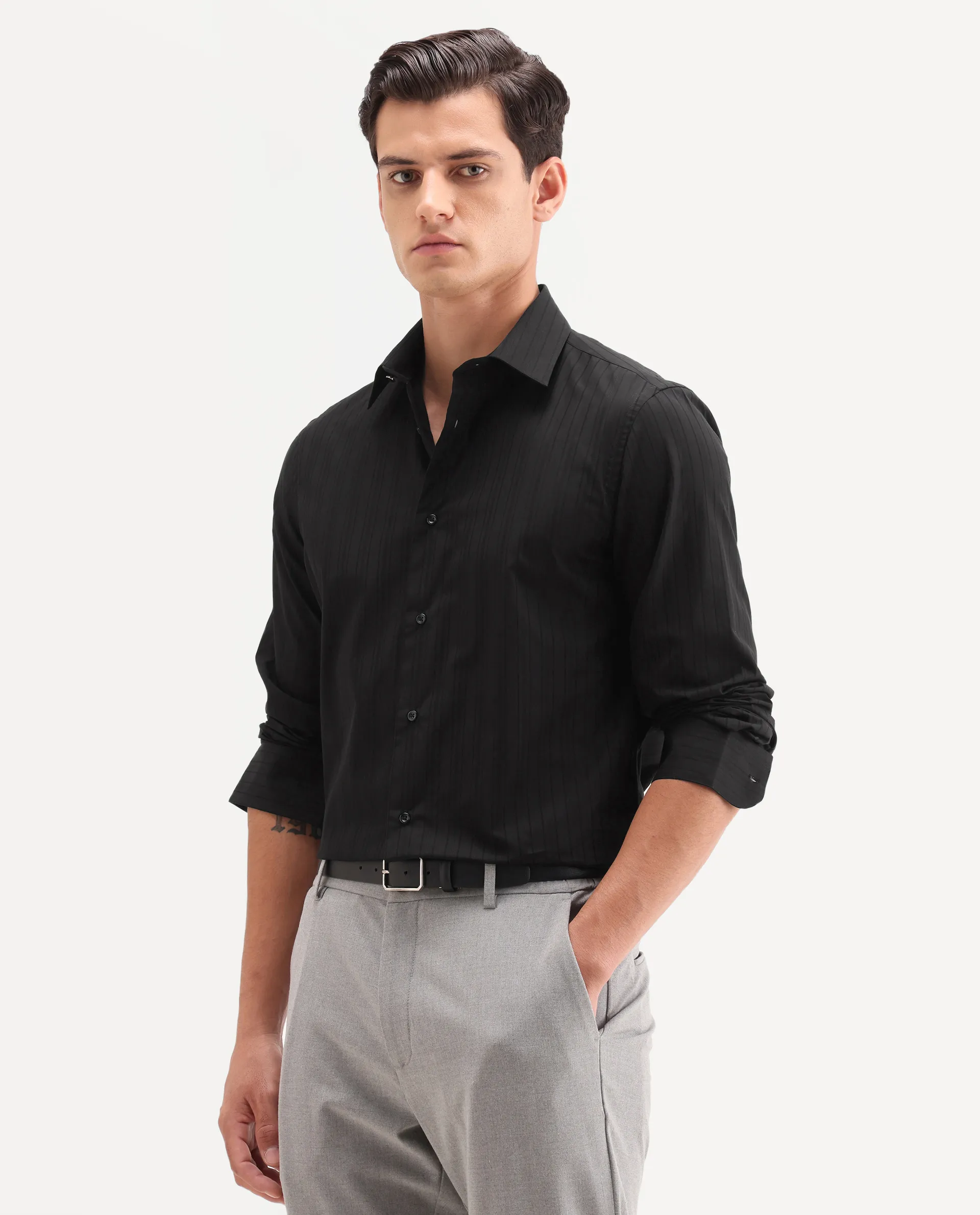 Rare Rabbit Men's Repo-26 Black Cotton Full Sleeve Spread Collar Regular Fit Striped Shirt - Image 5