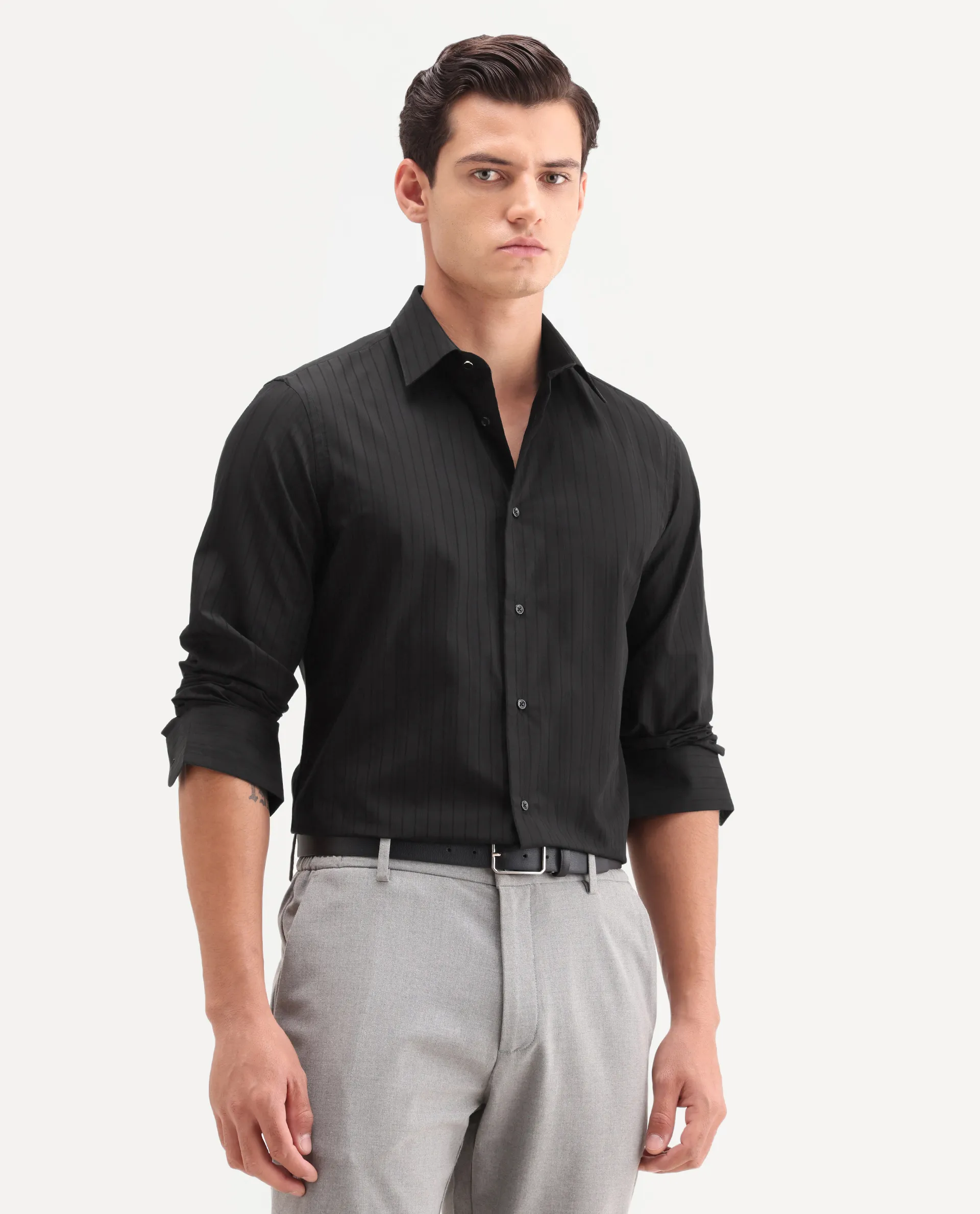 Rare Rabbit Men's Repo-26 Black Cotton Full Sleeve Spread Collar Regular Fit Striped Shirt - Image 6