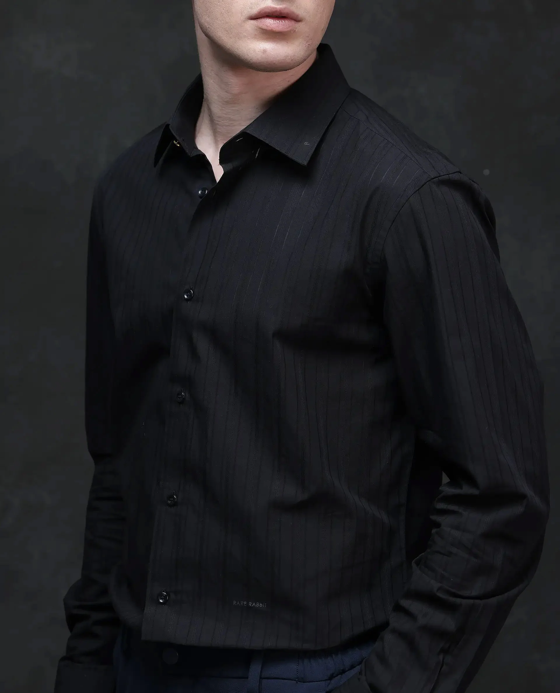 Rare Rabbit Men's Repo Black Cotton Striped Print Regular Fit Full Sleeve Collared Shirt - Image 2