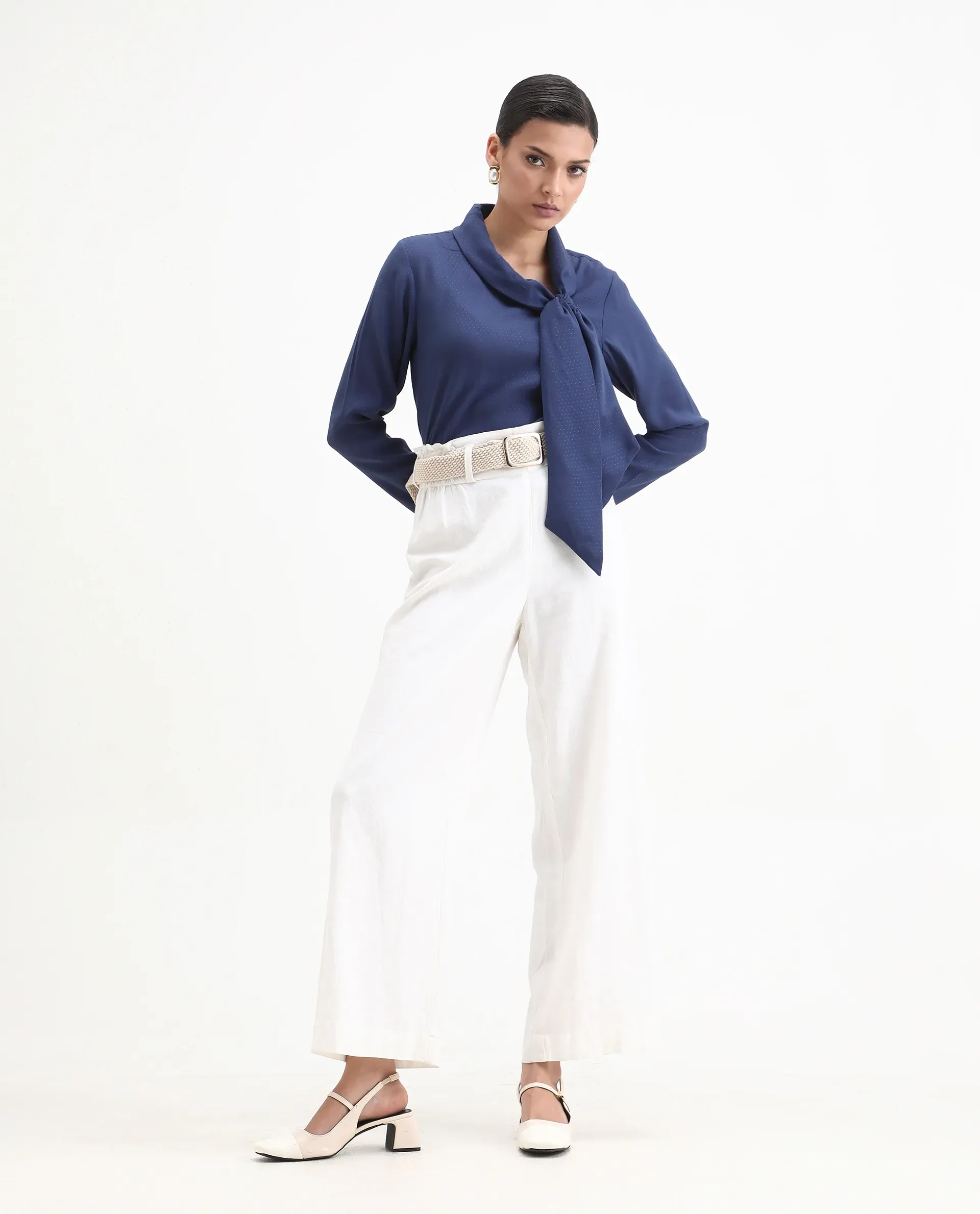 Rareism Women's Repowo Navy Polyester Tie-Up Neck Plain Regular Fit Top - Image 2
