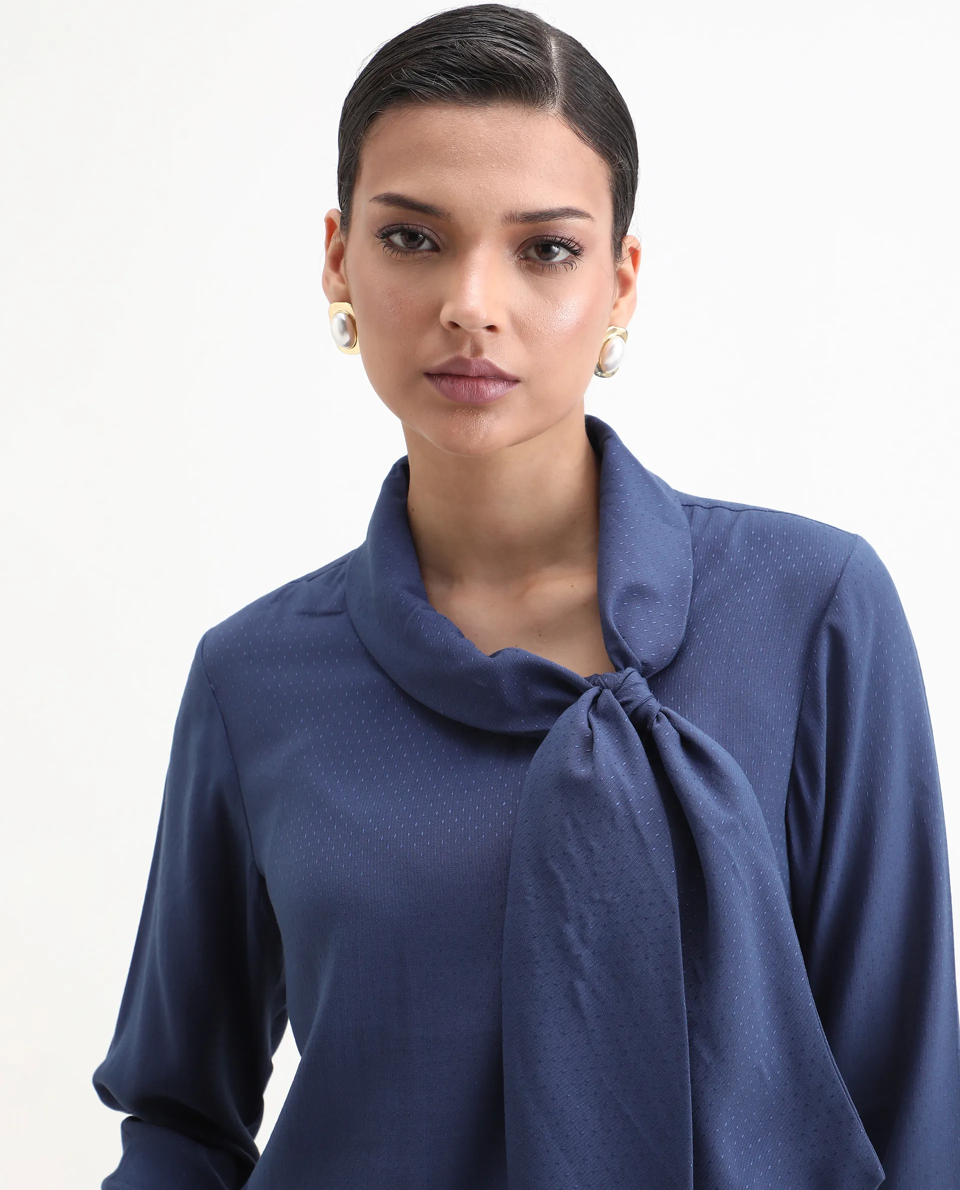 Rareism Women's Repowo Navy Polyester Tie-Up Neck Plain Regular Fit Top - Image 3
