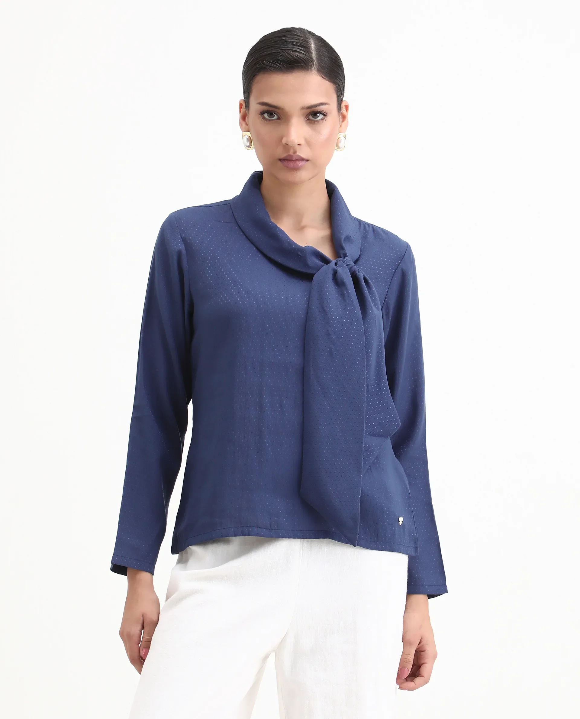 Rareism Women's Repowo Navy Polyester Tie-Up Neck Plain Regular Fit Top - Image 4