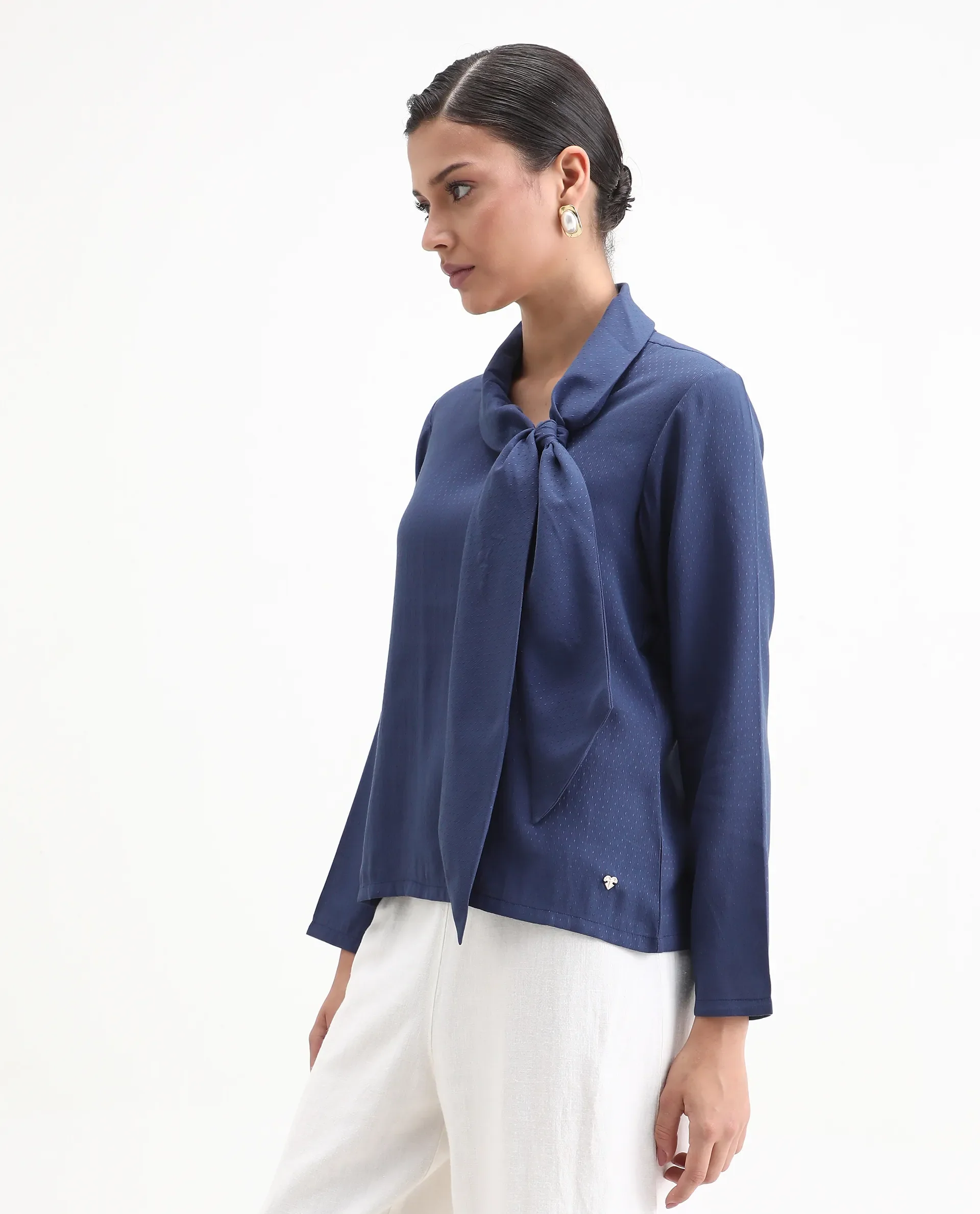 Rareism Women's Repowo Navy Polyester Tie-Up Neck Plain Regular Fit Top - Image 5
