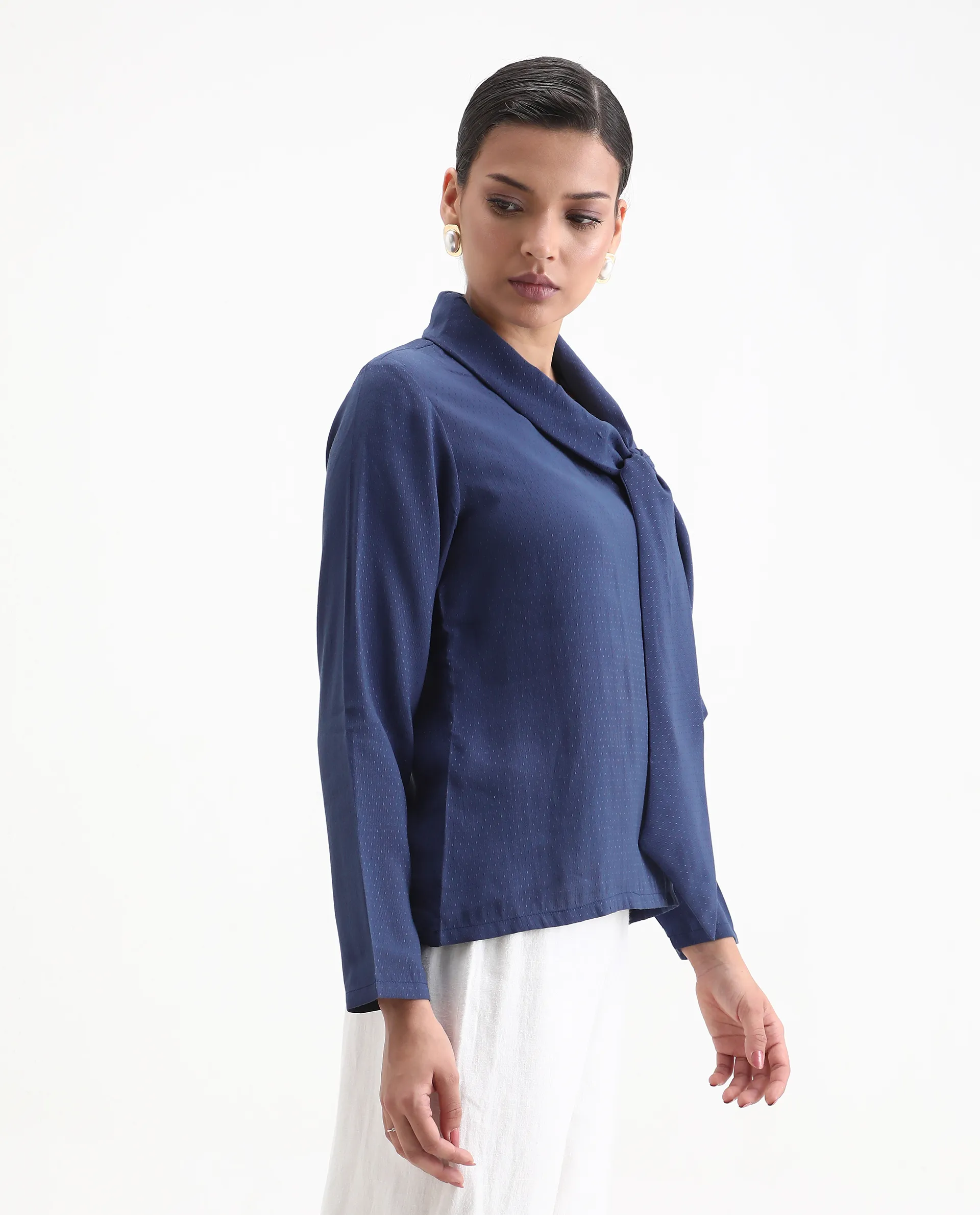 Rareism Women's Repowo Navy Polyester Tie-Up Neck Plain Regular Fit Top - Image 6