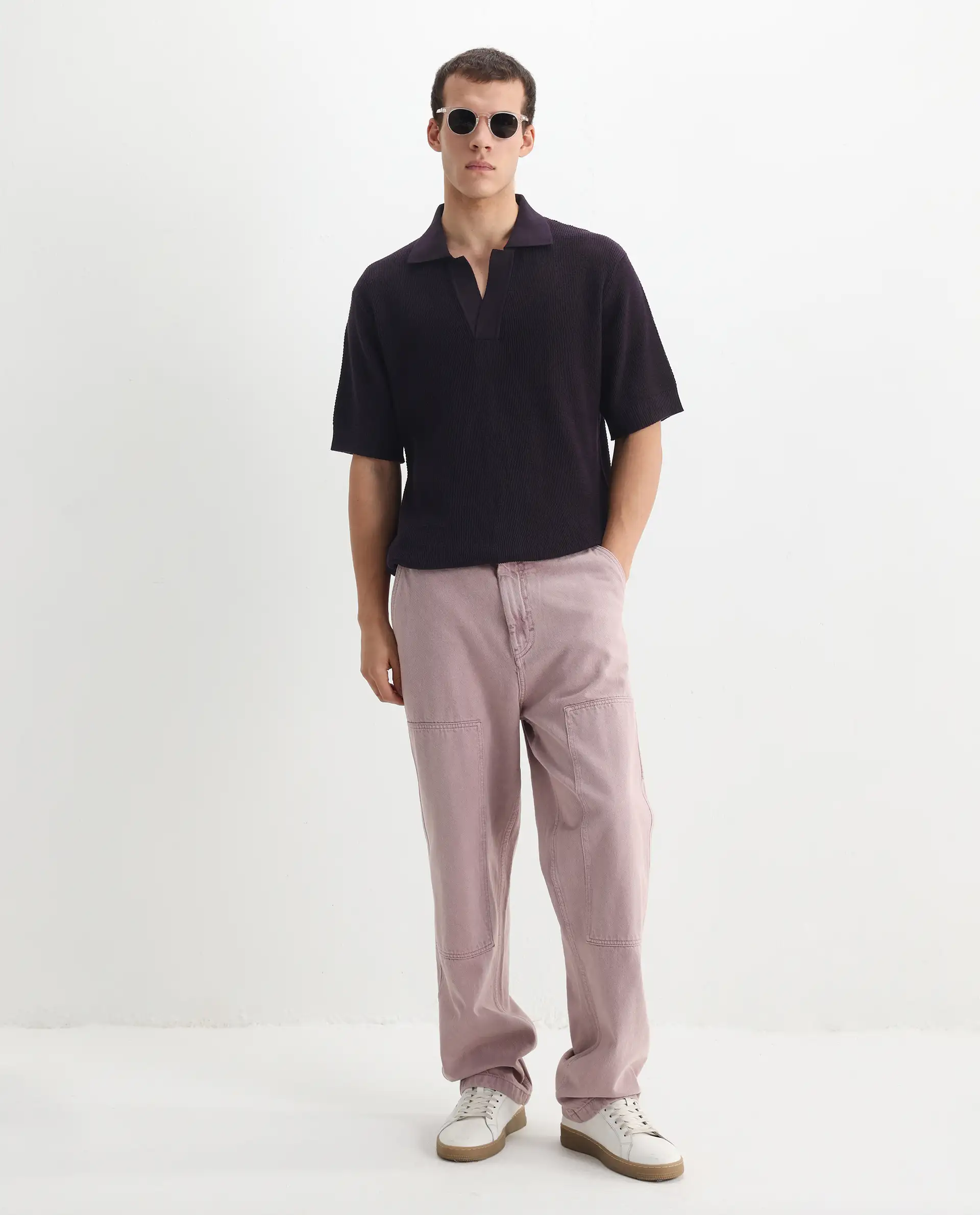 Rare Rabbit Men's Rera Dark Purple Cotton Blend Textured Oversized Fit Half Sleeve Polo - Image 2