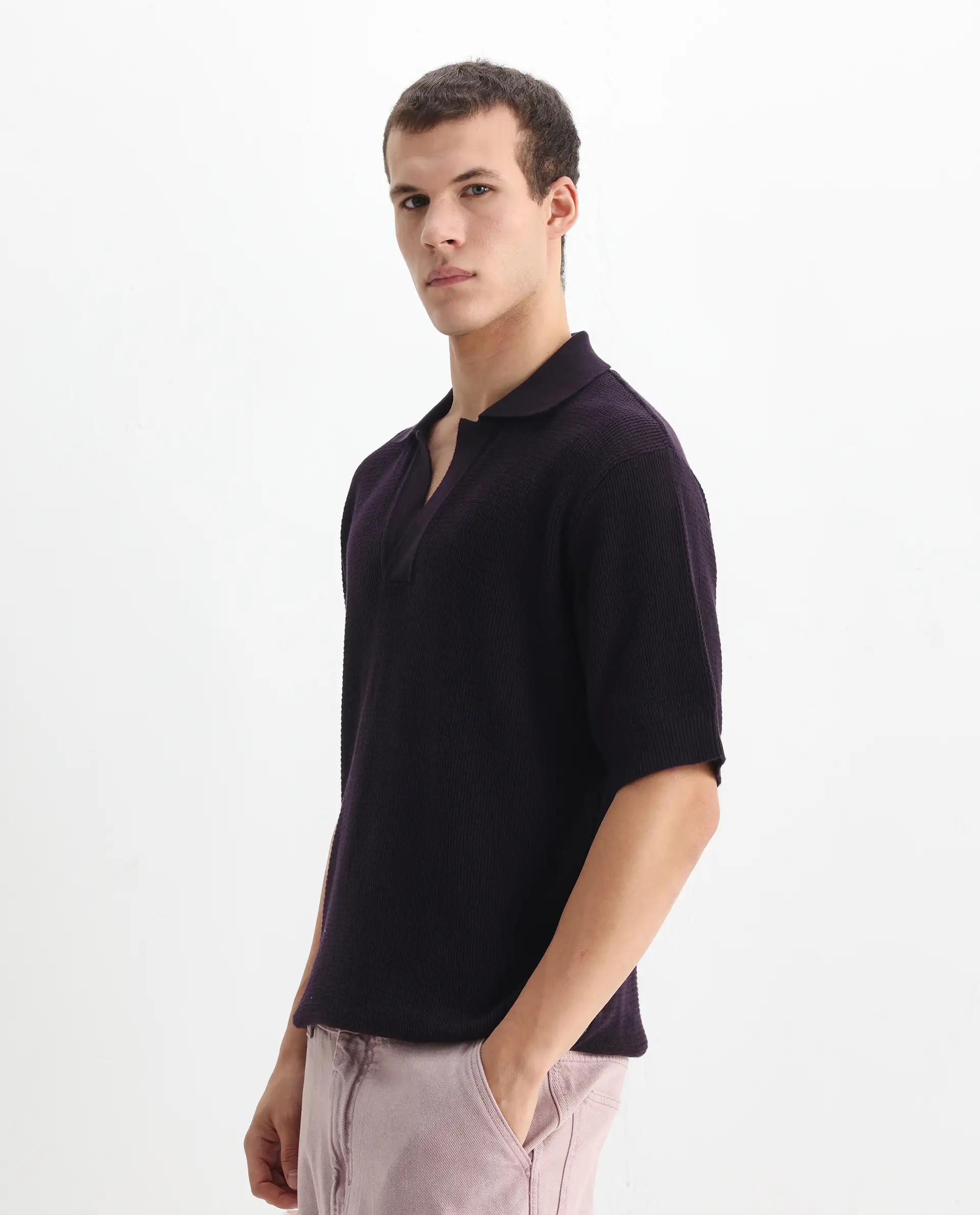 Rare Rabbit Men's Rera Dark Purple Cotton Blend Textured Oversized Fit Half Sleeve Polo - Image 4
