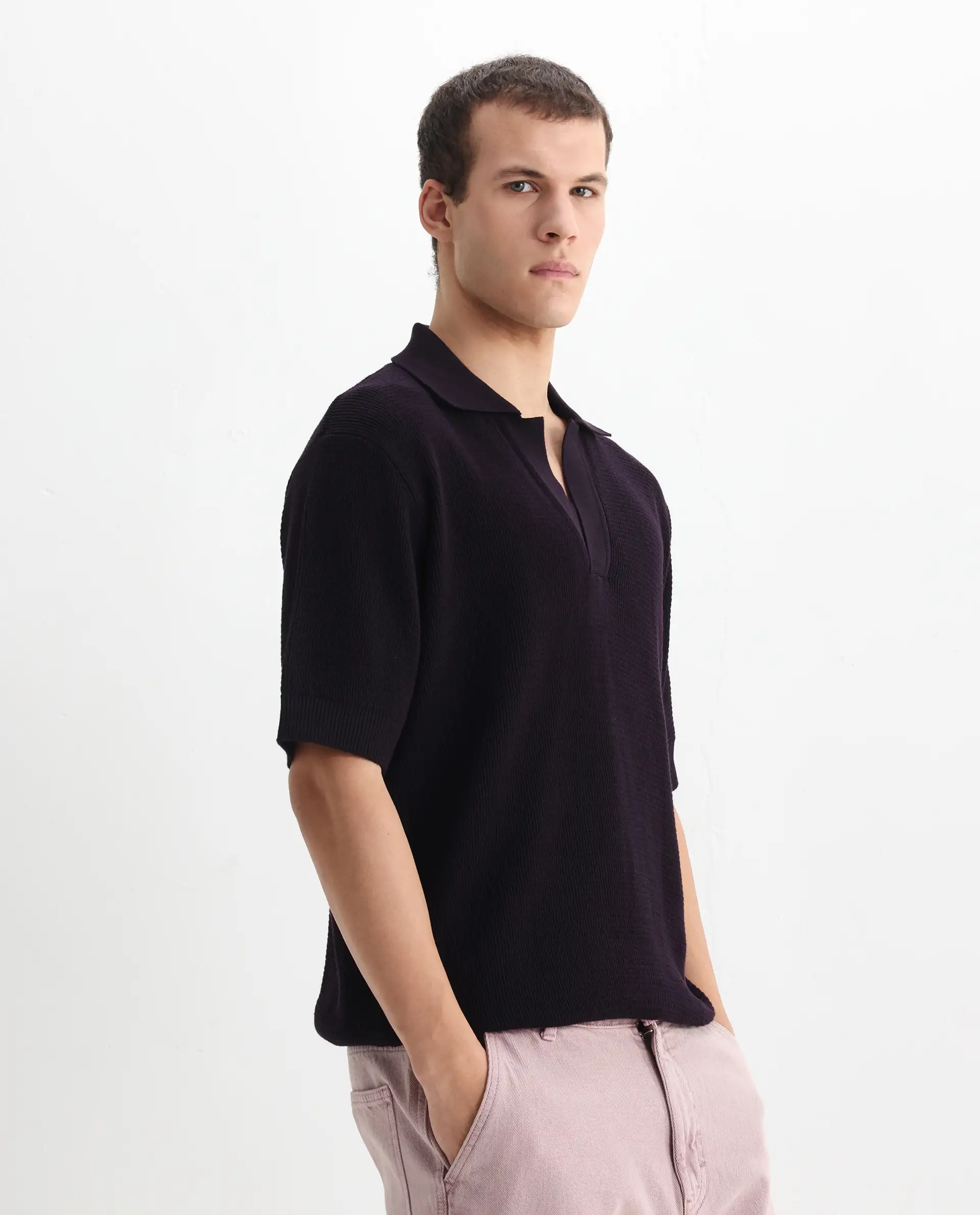 Rare Rabbit Men's Rera Dark Purple Cotton Blend Textured Oversized Fit Half Sleeve Polo - Image 5