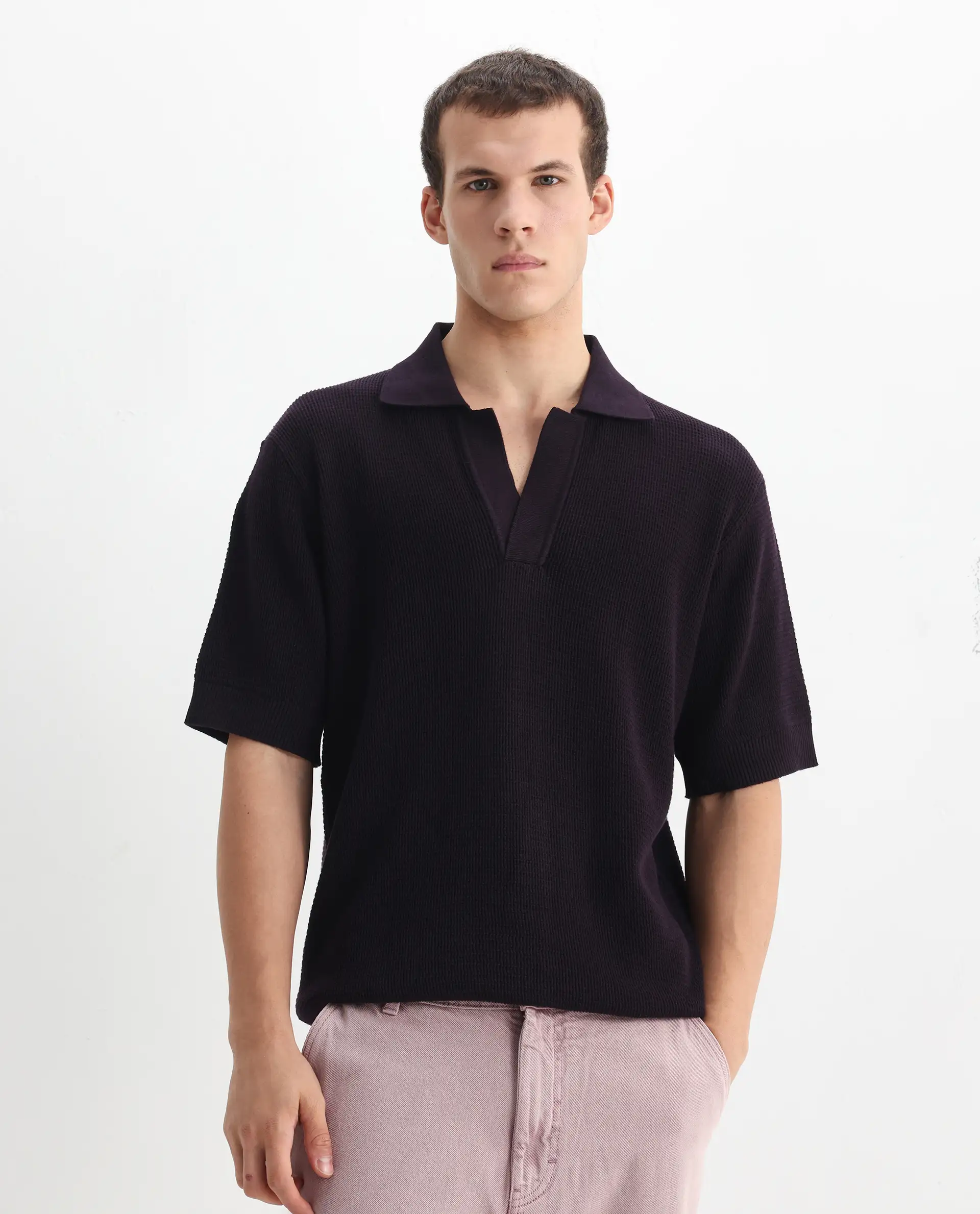 Rare Rabbit Men's Rera Dark Purple Cotton Blend Textured Oversized Fit Half Sleeve Polo - Image 6