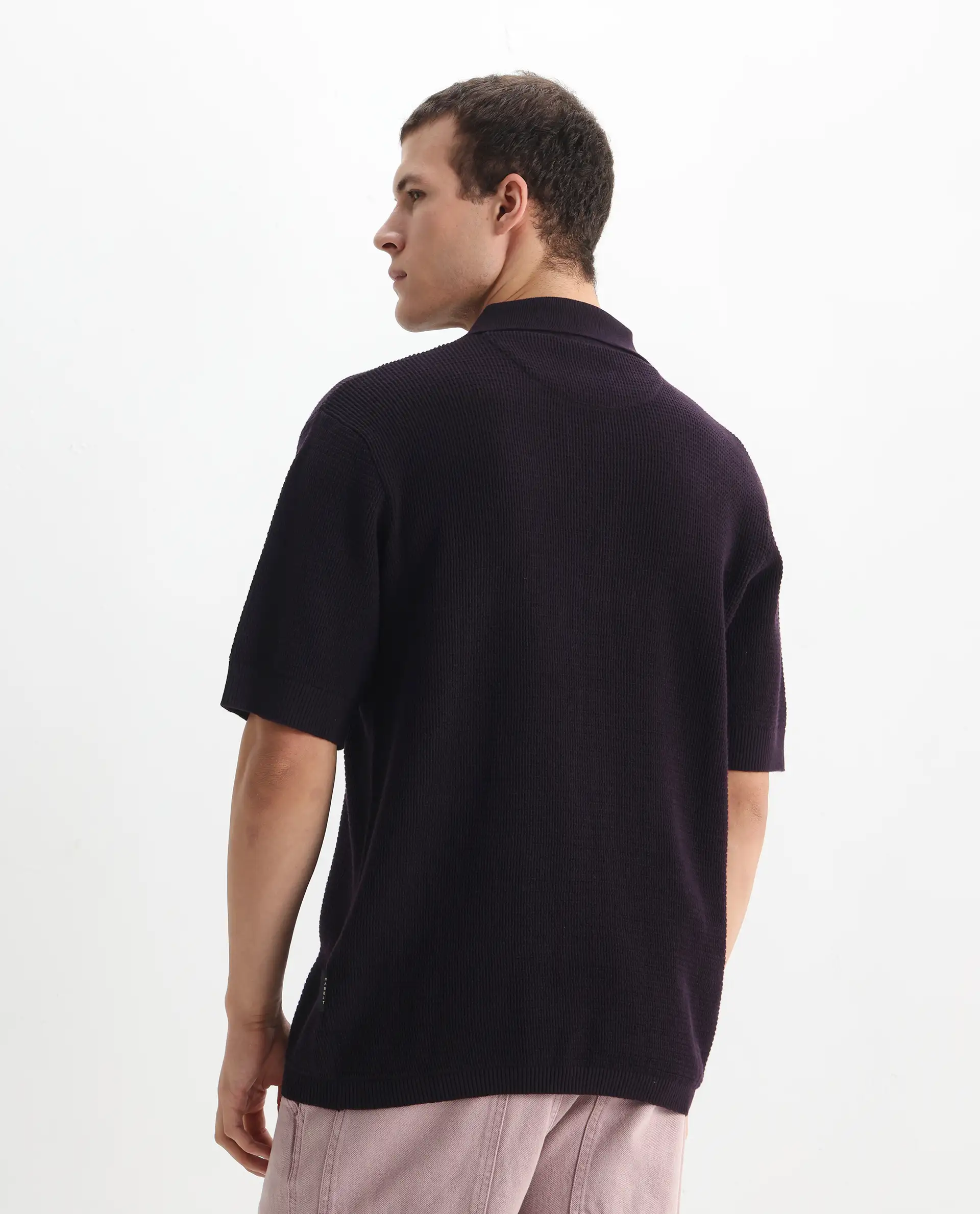 Rare Rabbit Men's Rera Dark Purple Cotton Blend Textured Oversized Fit Half Sleeve Polo - Image 7