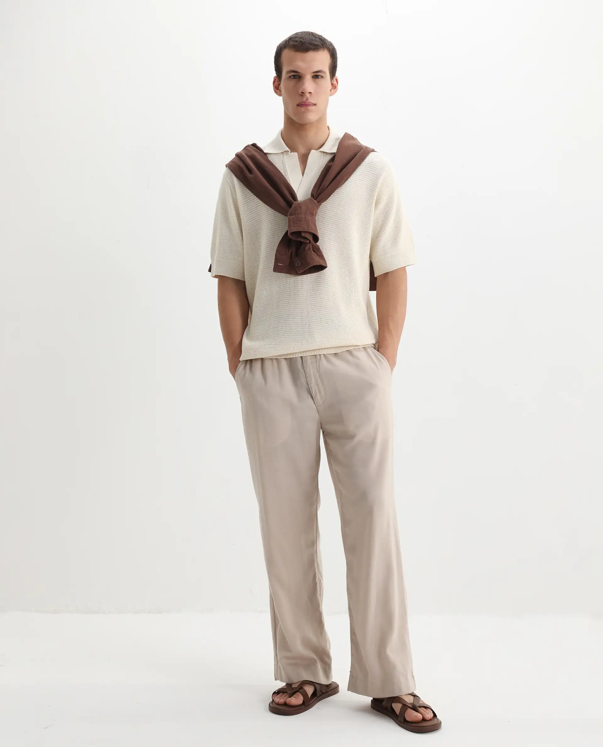 Rare Rabbit Men's Rera Off White Cotton Blend Textured Oversized Fit Half Sleeve Polo - Image 2