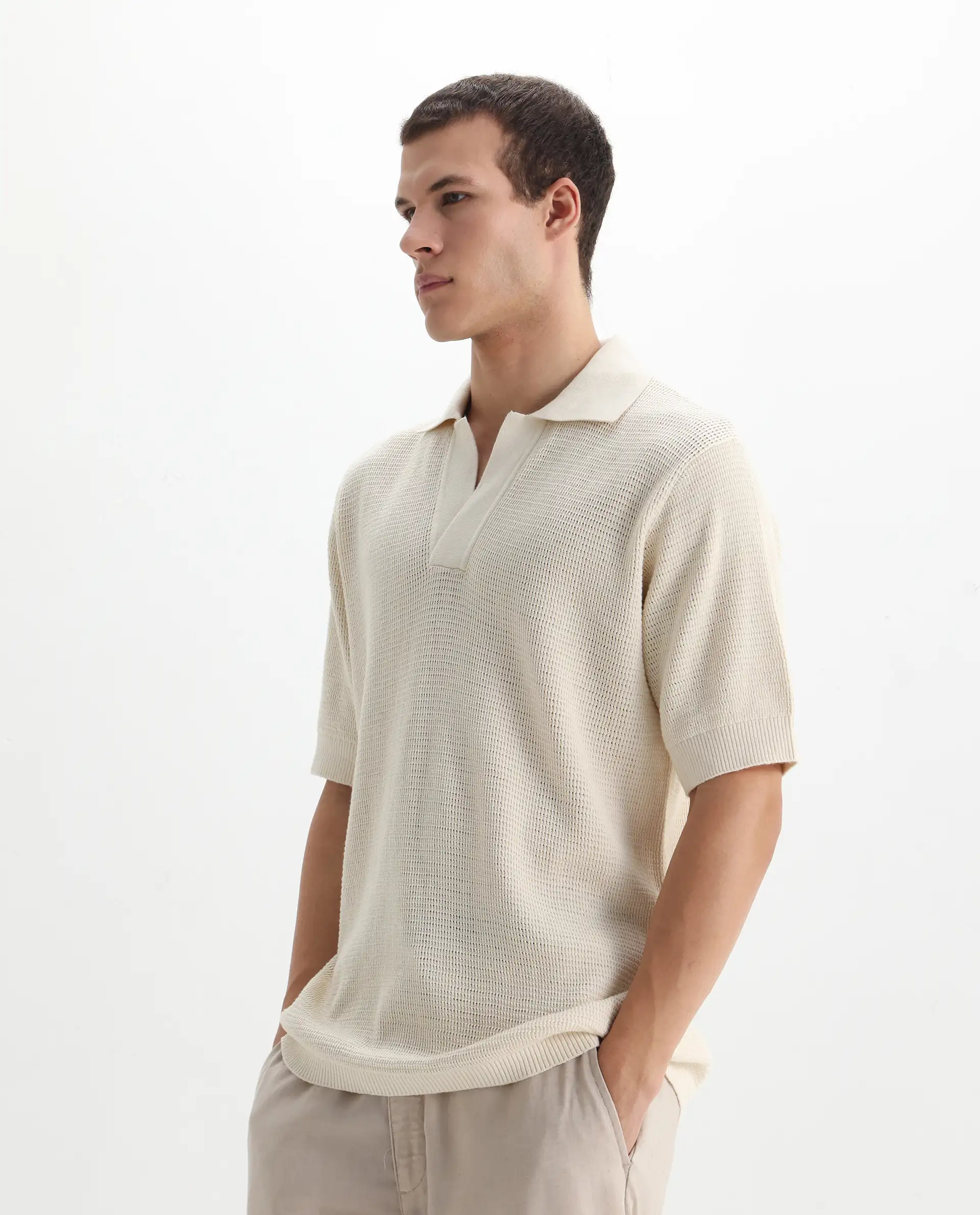 Rare Rabbit Men's Rera Off White Cotton Blend Textured Oversized Fit Half Sleeve Polo - Image 4