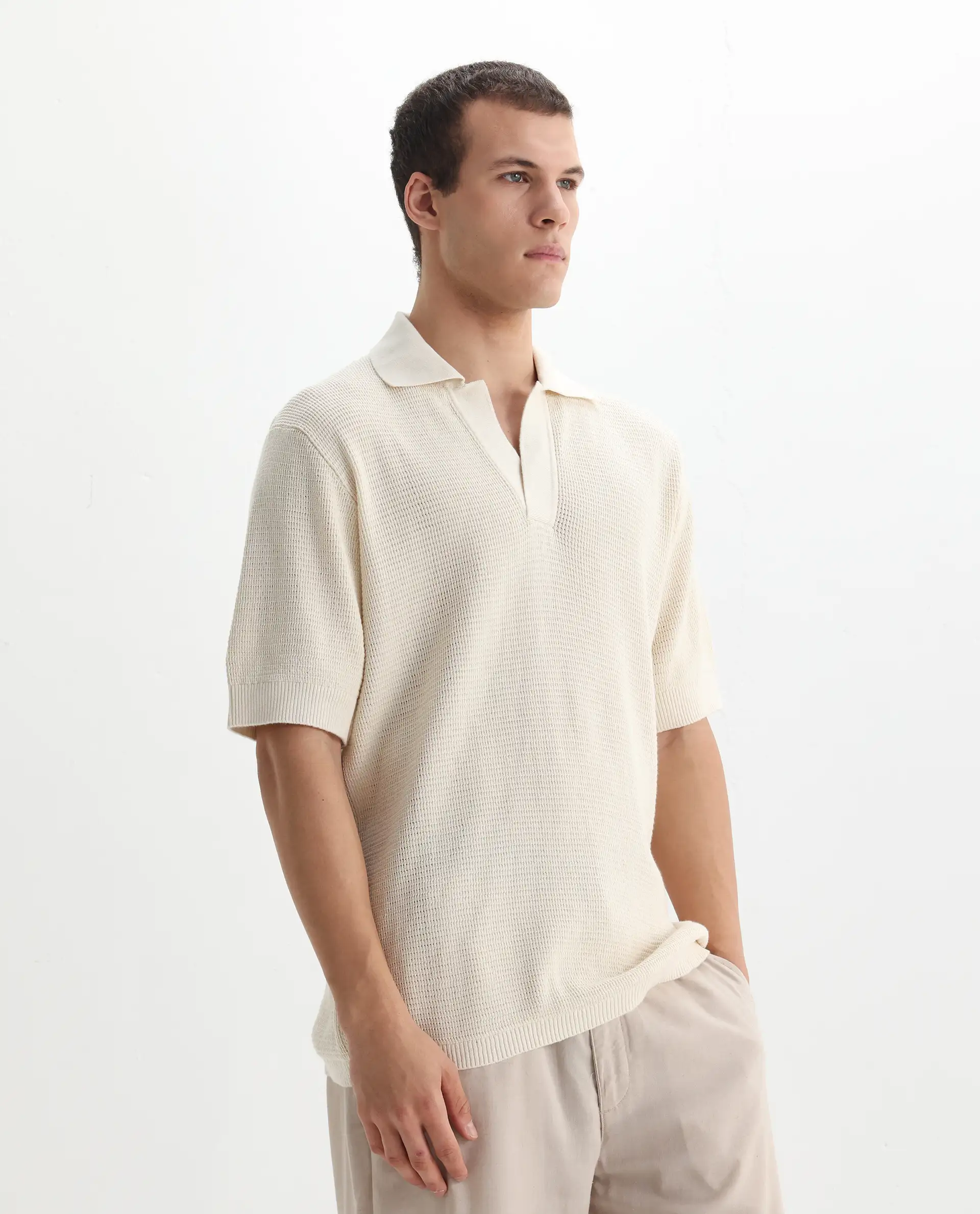 Rare Rabbit Men's Rera Off White Cotton Blend Textured Oversized Fit Half Sleeve Polo - Image 5