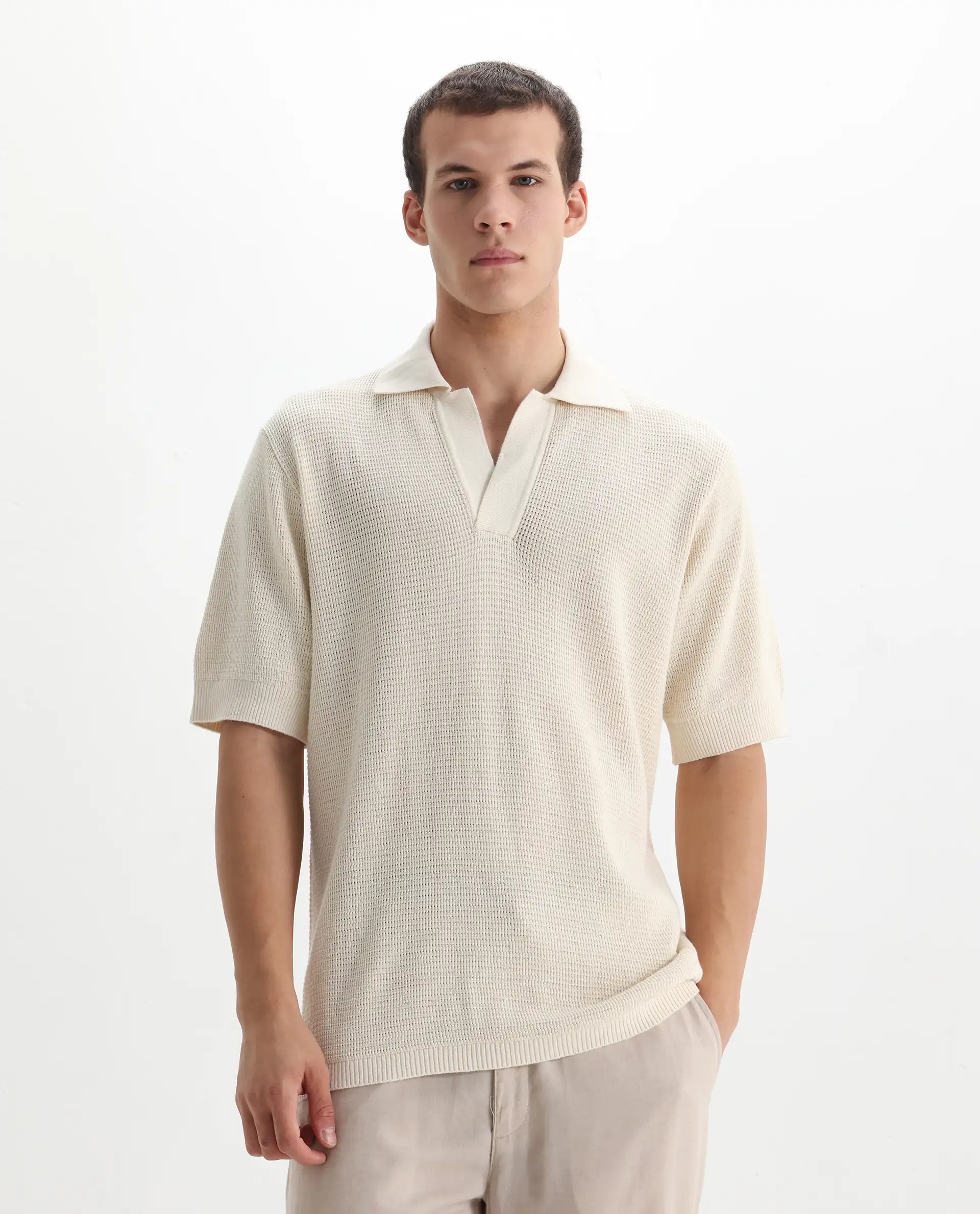 Rare Rabbit Men's Rera Off White Cotton Blend Textured Oversized Fit Half Sleeve Polo - Image 6