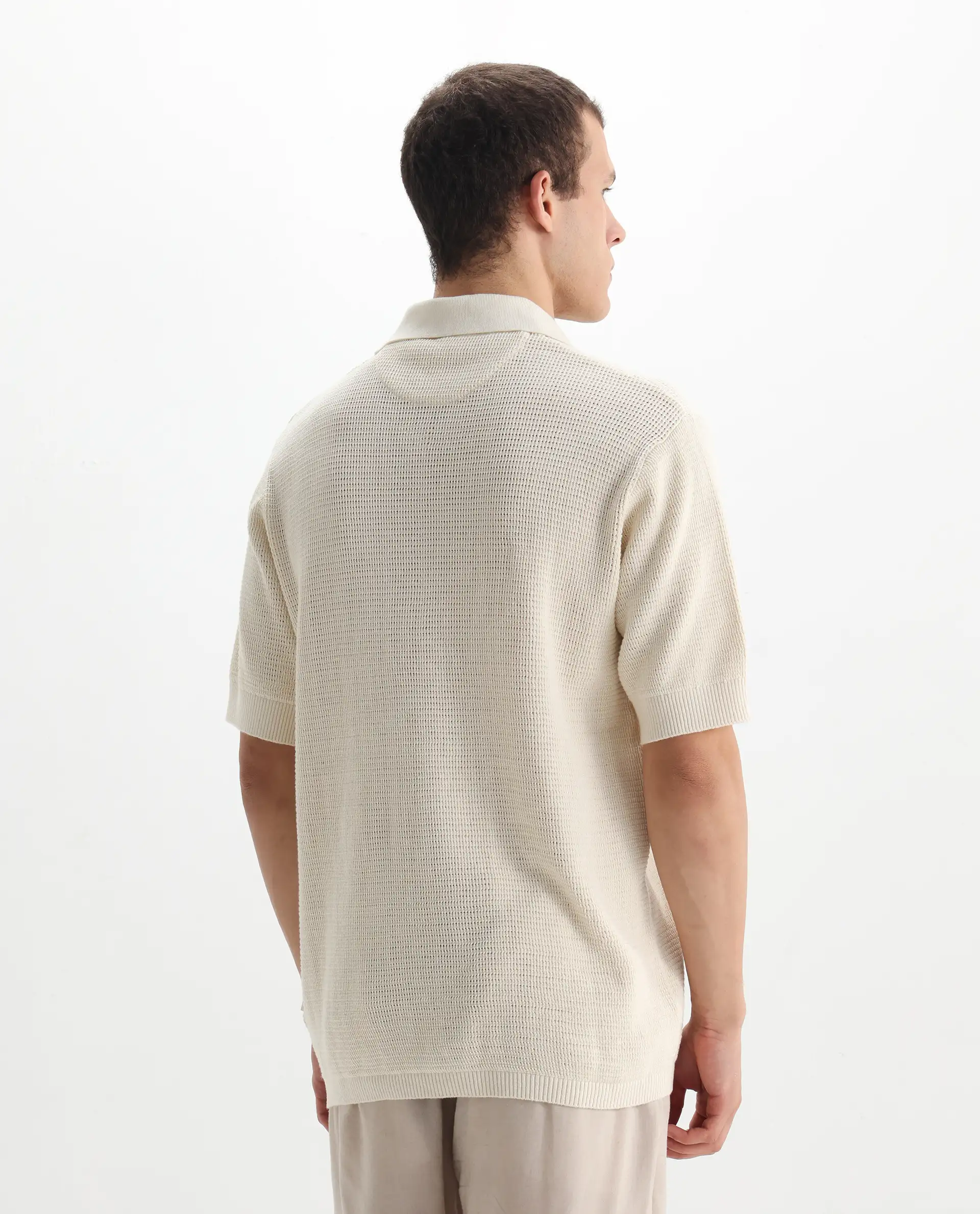 Rare Rabbit Men's Rera Off White Cotton Blend Textured Oversized Fit Half Sleeve Polo - Image 7