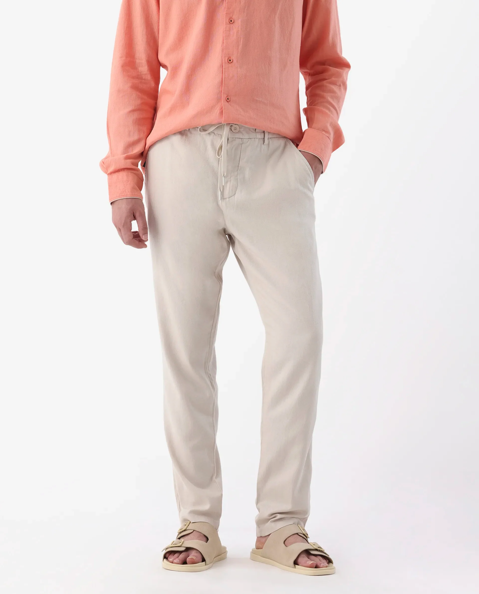 Rare Rabbit Men's Reric Pastel Beige Linen Blend Plain Regular Fit Trouser - Image 2