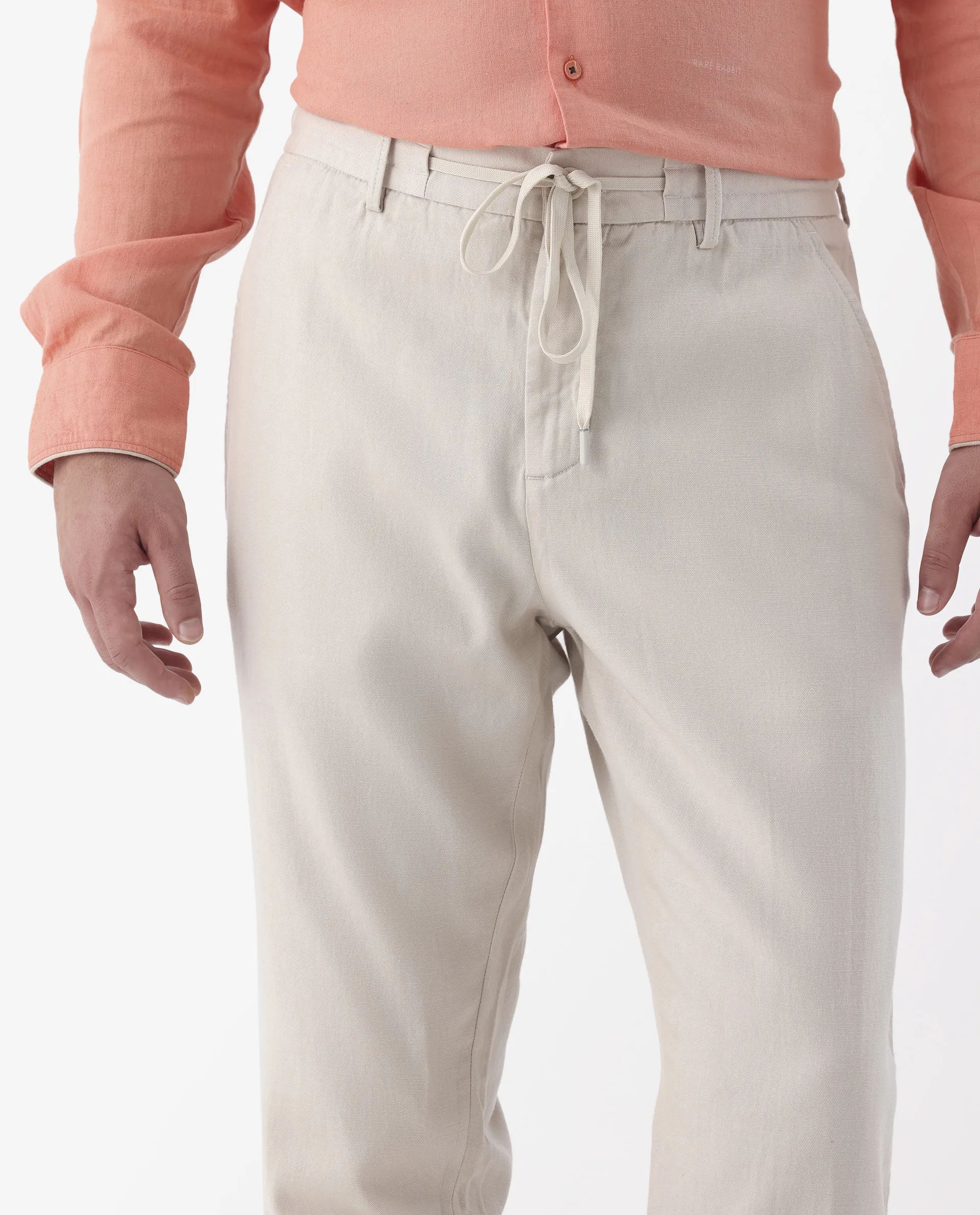 Rare Rabbit Men's Reric Pastel Beige Linen Blend Plain Regular Fit Trouser - Image 3