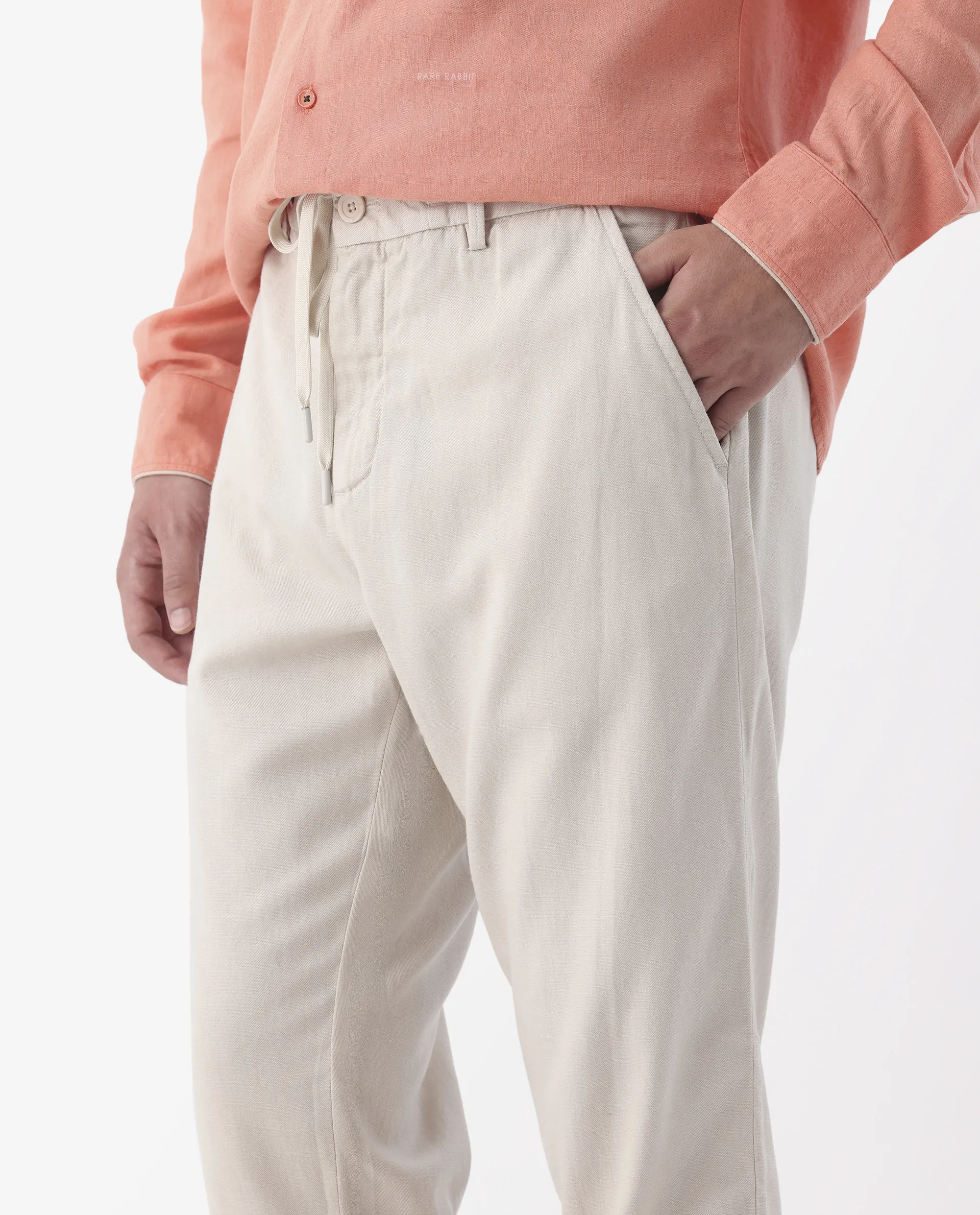Rare Rabbit Men's Reric Pastel Beige Linen Blend Plain Regular Fit Trouser - Image 4
