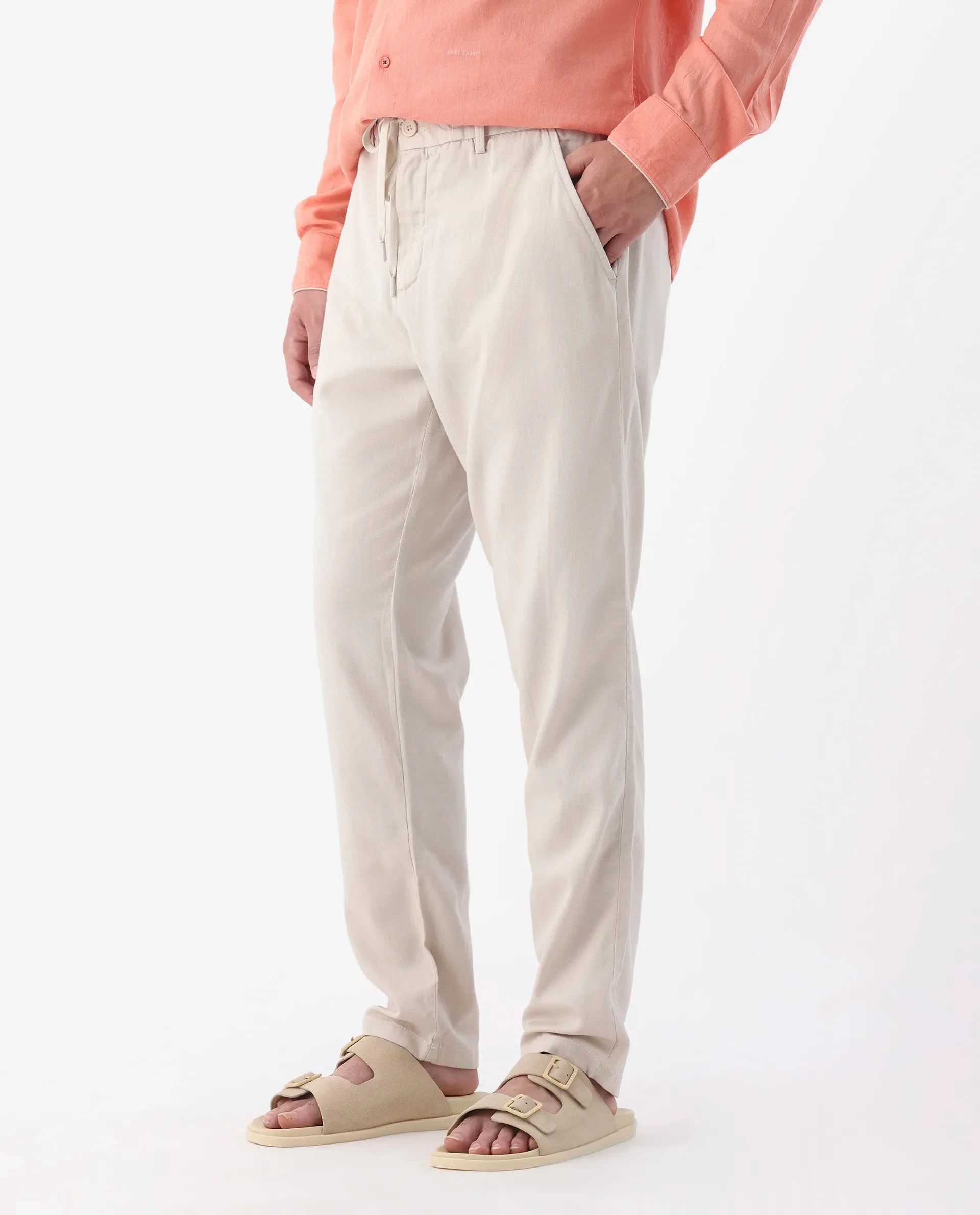 Rare Rabbit Men's Reric Pastel Beige Linen Blend Plain Regular Fit Trouser - Image 5