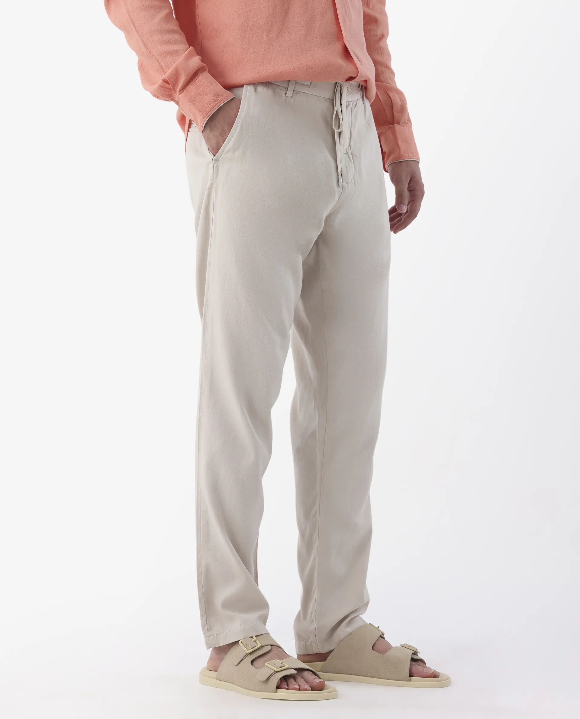 Rare Rabbit Men's Reric Pastel Beige Linen Blend Plain Regular Fit Trouser - Image 6