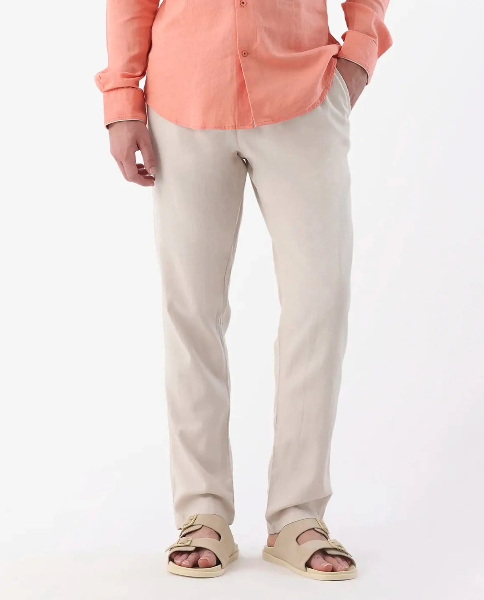 Rare Rabbit Men's Reric Pastel Beige Linen Blend Plain Regular Fit Trouser - Image 9