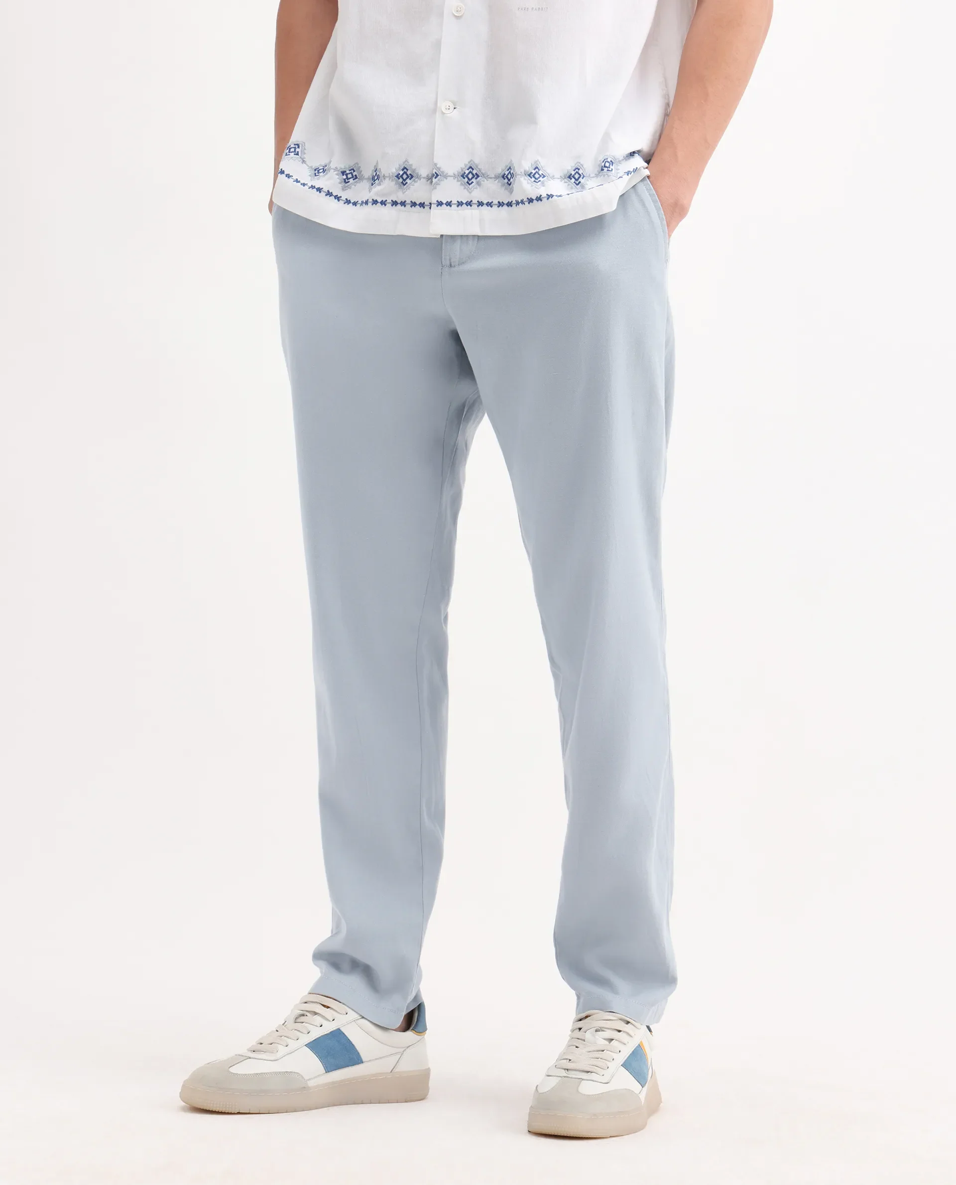 Rare Rabbit Men's Reric Pastel Blue Linen Blend Plain Regular Fit Trouser - Image 3