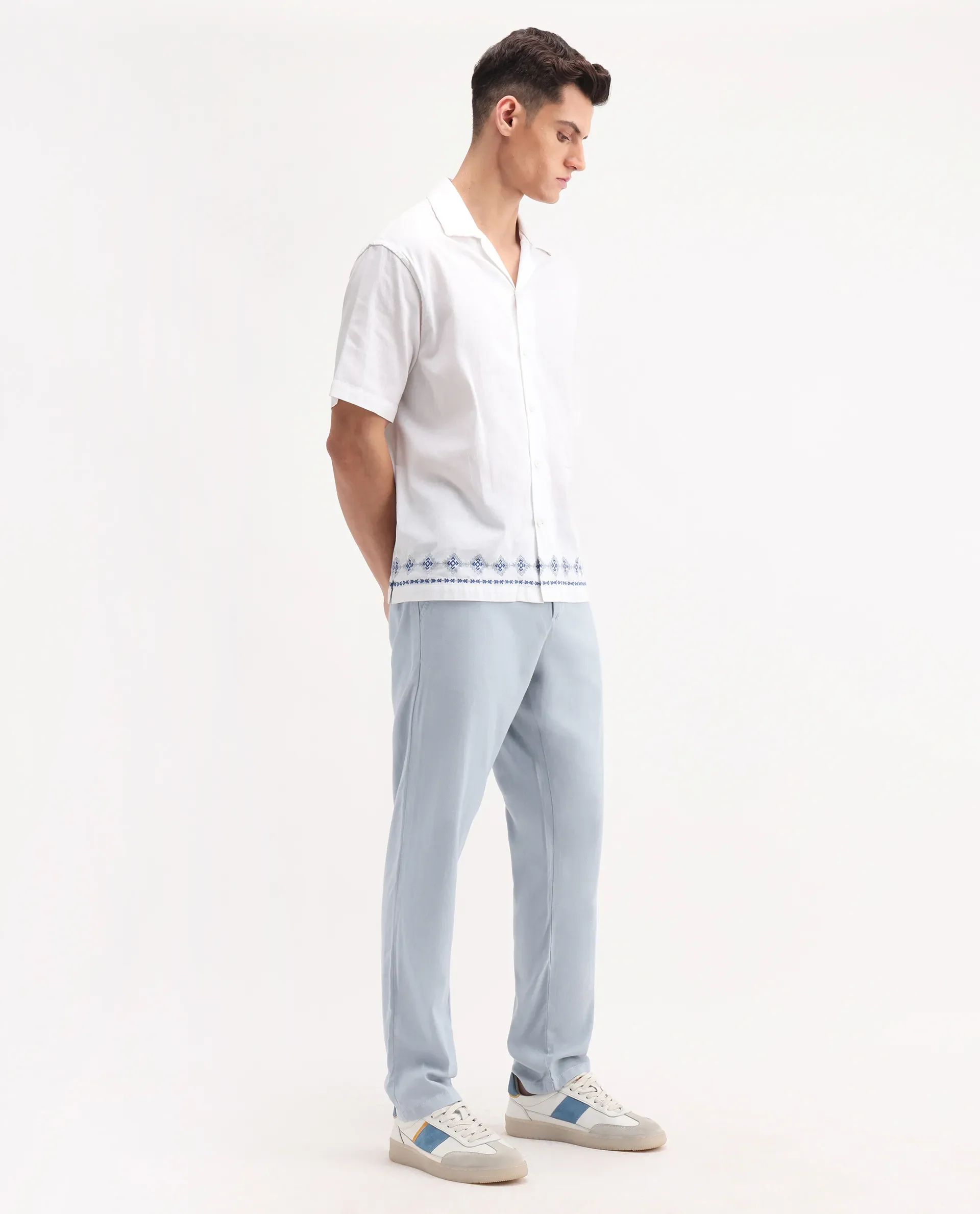 Rare Rabbit Men's Reric Pastel Blue Linen Blend Plain Regular Fit Trouser - Image 7