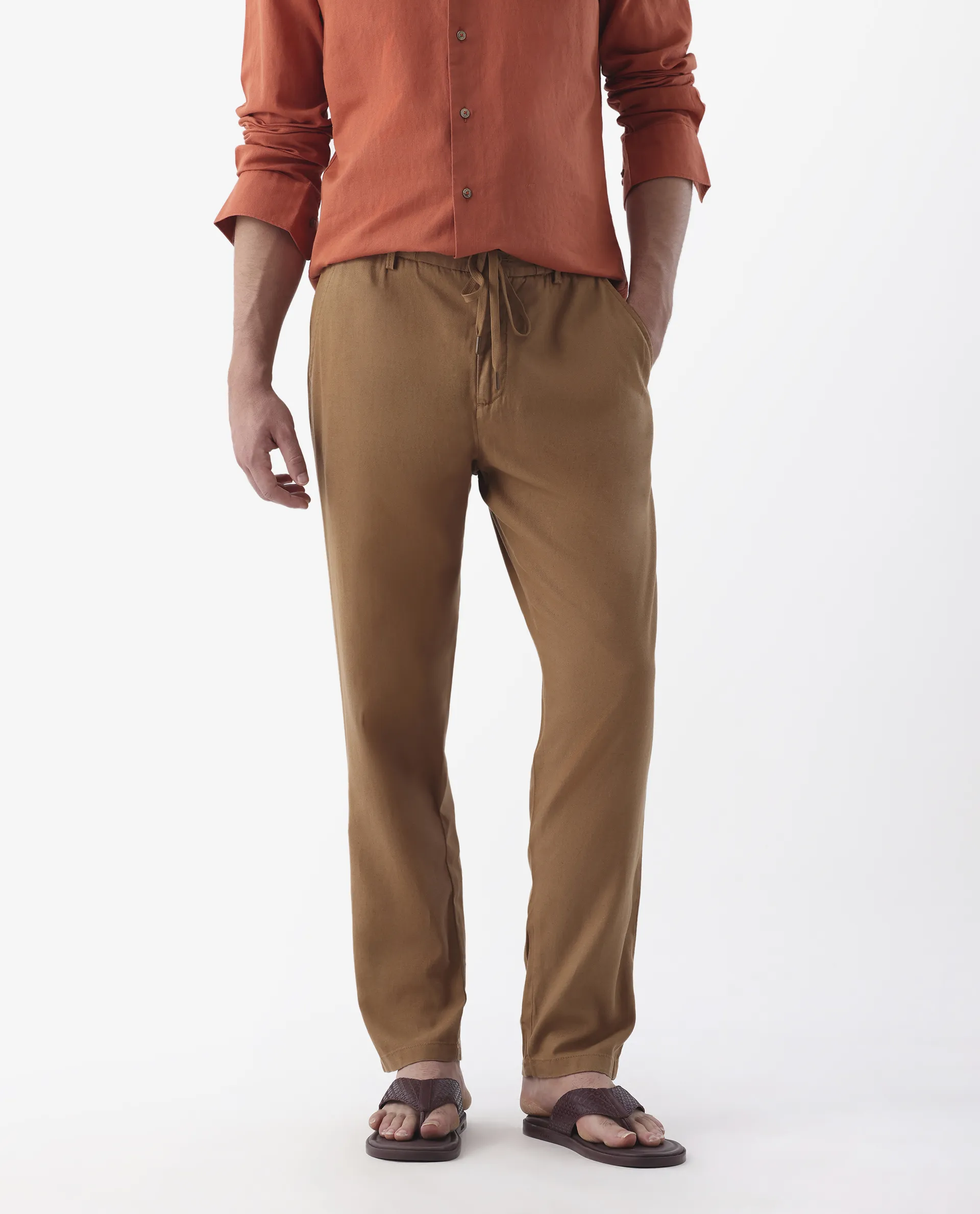 Rare Rabbit Men's Reric Pastel Brown Linen Blend Plain Regular Fit Trouser - Image 2