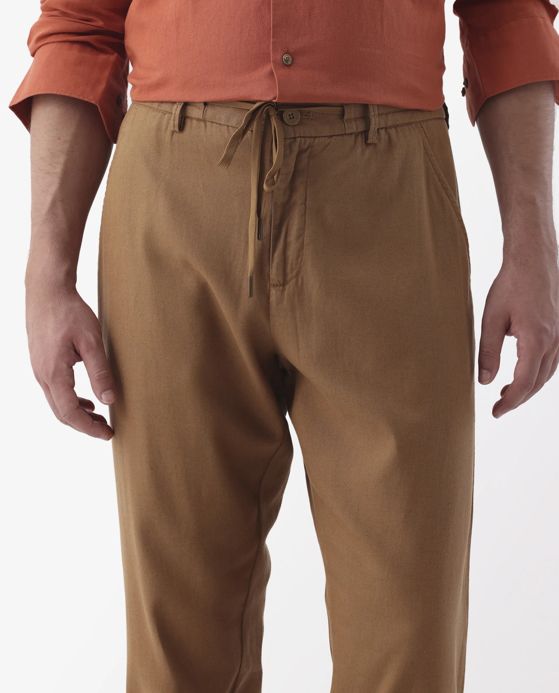 Rare Rabbit Men's Reric Pastel Brown Linen Blend Plain Regular Fit Trouser - Image 3