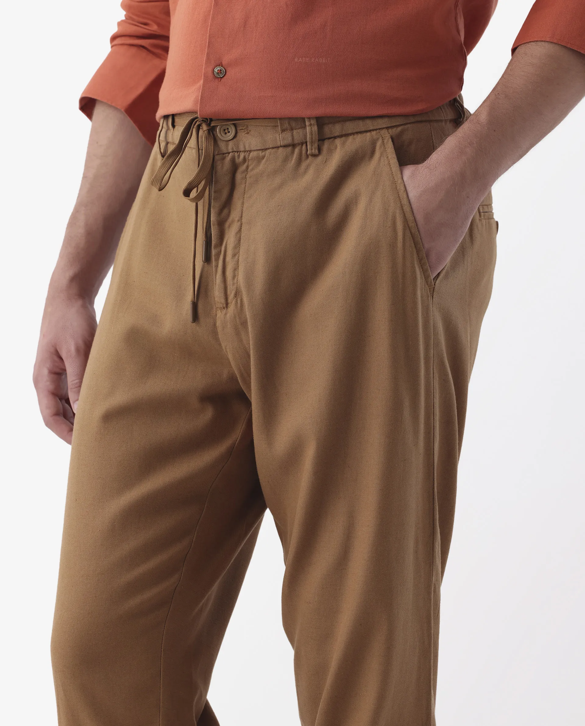 Rare Rabbit Men's Reric Pastel Brown Linen Blend Plain Regular Fit Trouser - Image 4