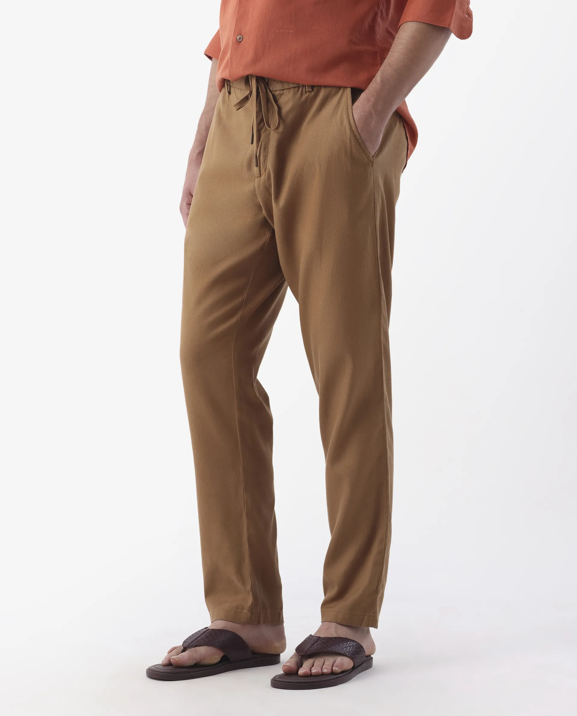 Rare Rabbit Men's Reric Pastel Brown Linen Blend Plain Regular Fit Trouser - Image 5