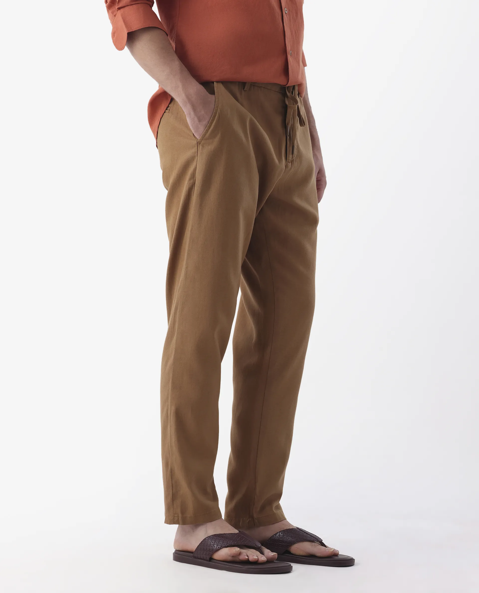 Rare Rabbit Men's Reric Pastel Brown Linen Blend Plain Regular Fit Trouser - Image 6