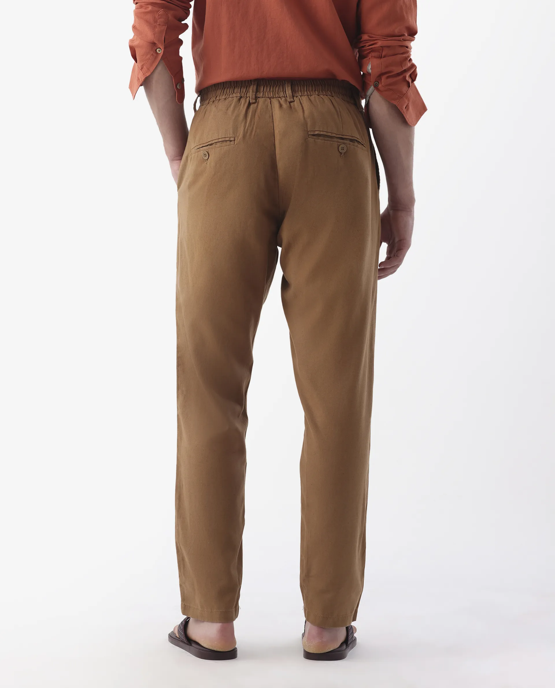 Rare Rabbit Men's Reric Pastel Brown Linen Blend Plain Regular Fit Trouser - Image 7