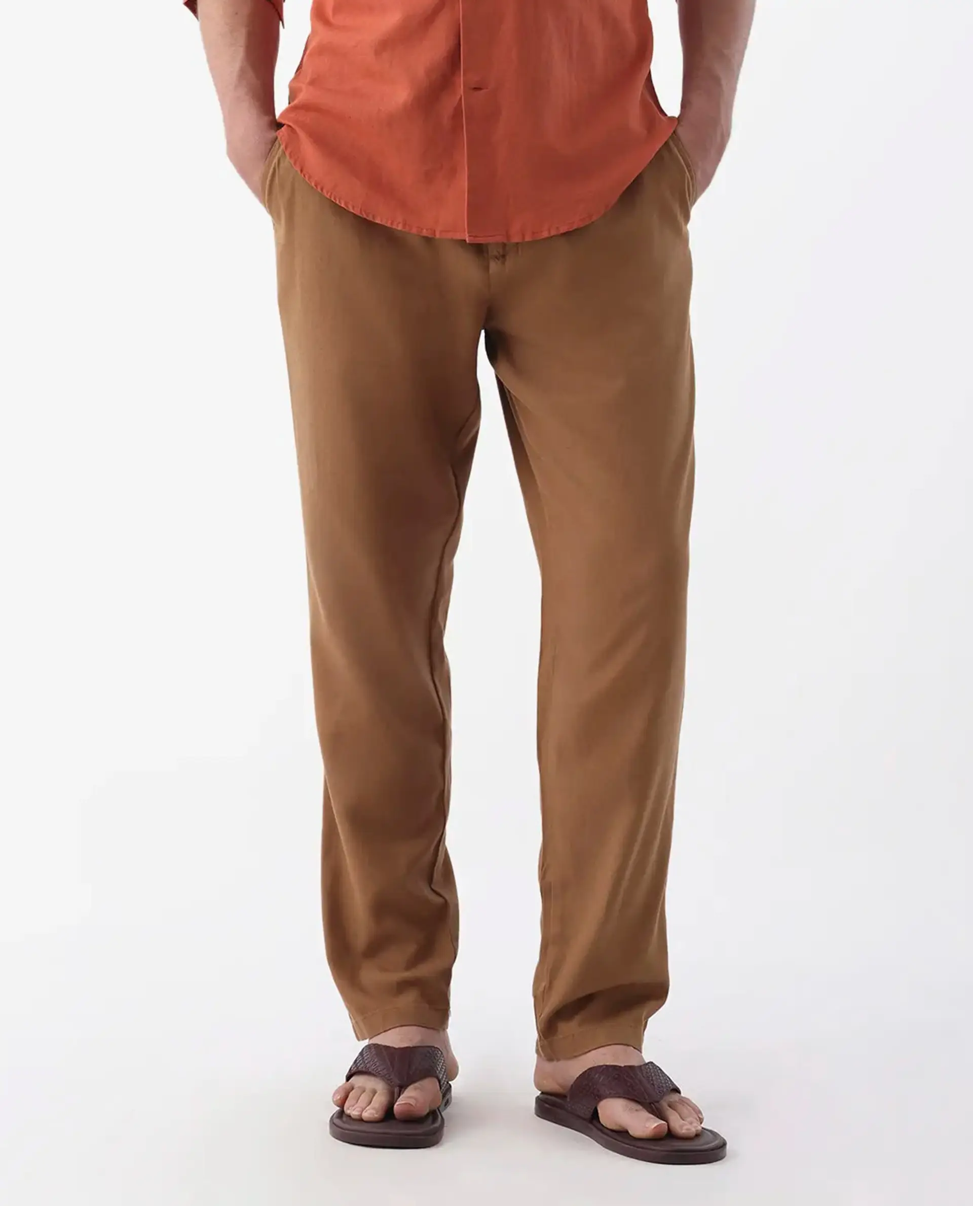 Rare Rabbit Men's Reric Pastel Brown Linen Blend Plain Regular Fit Trouser - Image 9