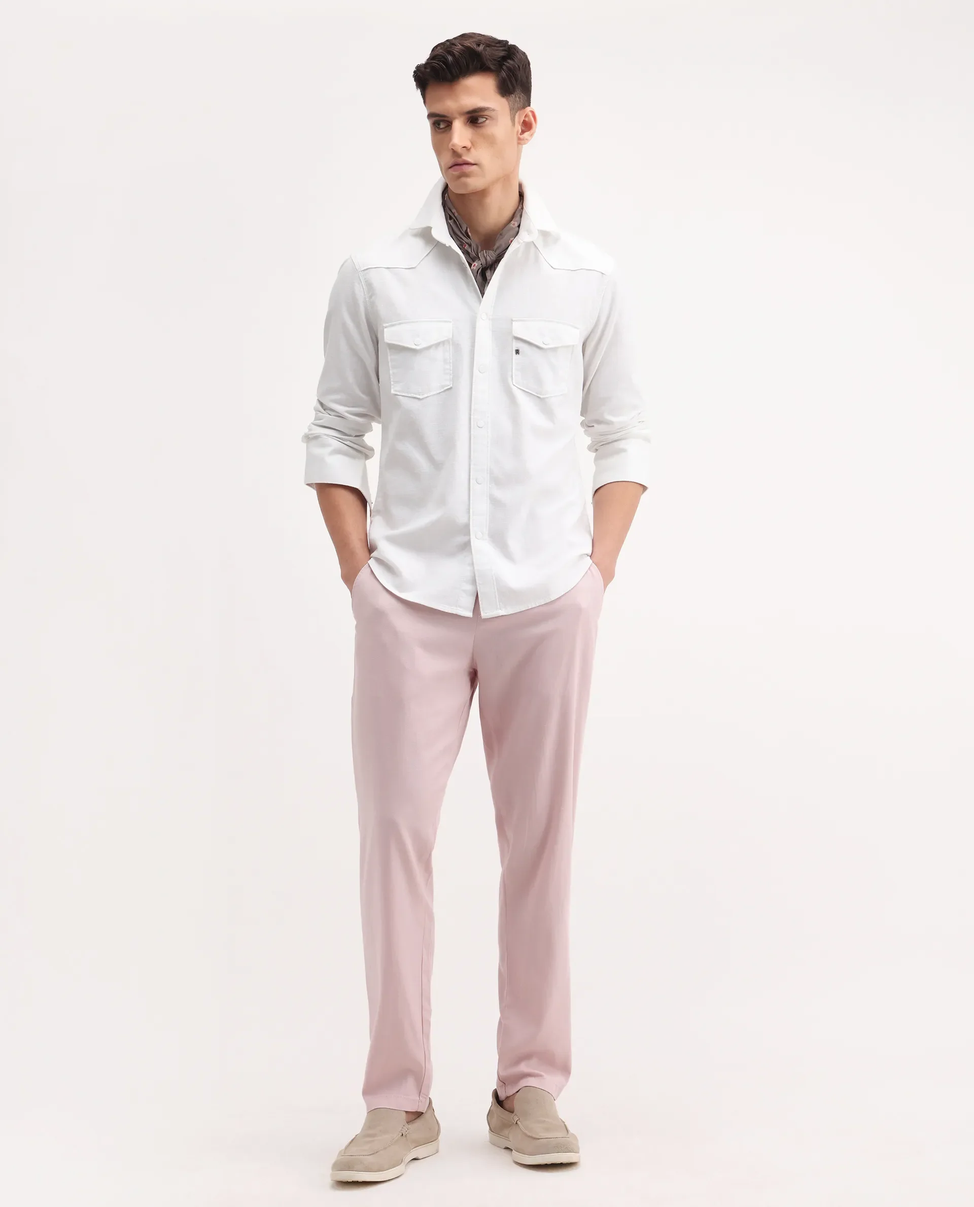 Rare Rabbit Men's Reric Pastel Pink Linen Blend Plain Regular Fit Trouser
