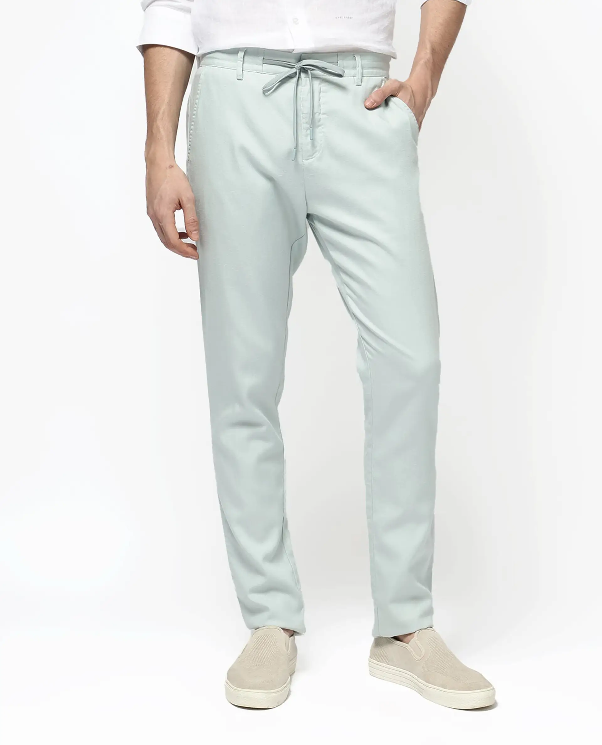 Rare Rabbit Men's Reric Pastel Turq Linen Blend Plain Regular Fit Trouser - Image 10